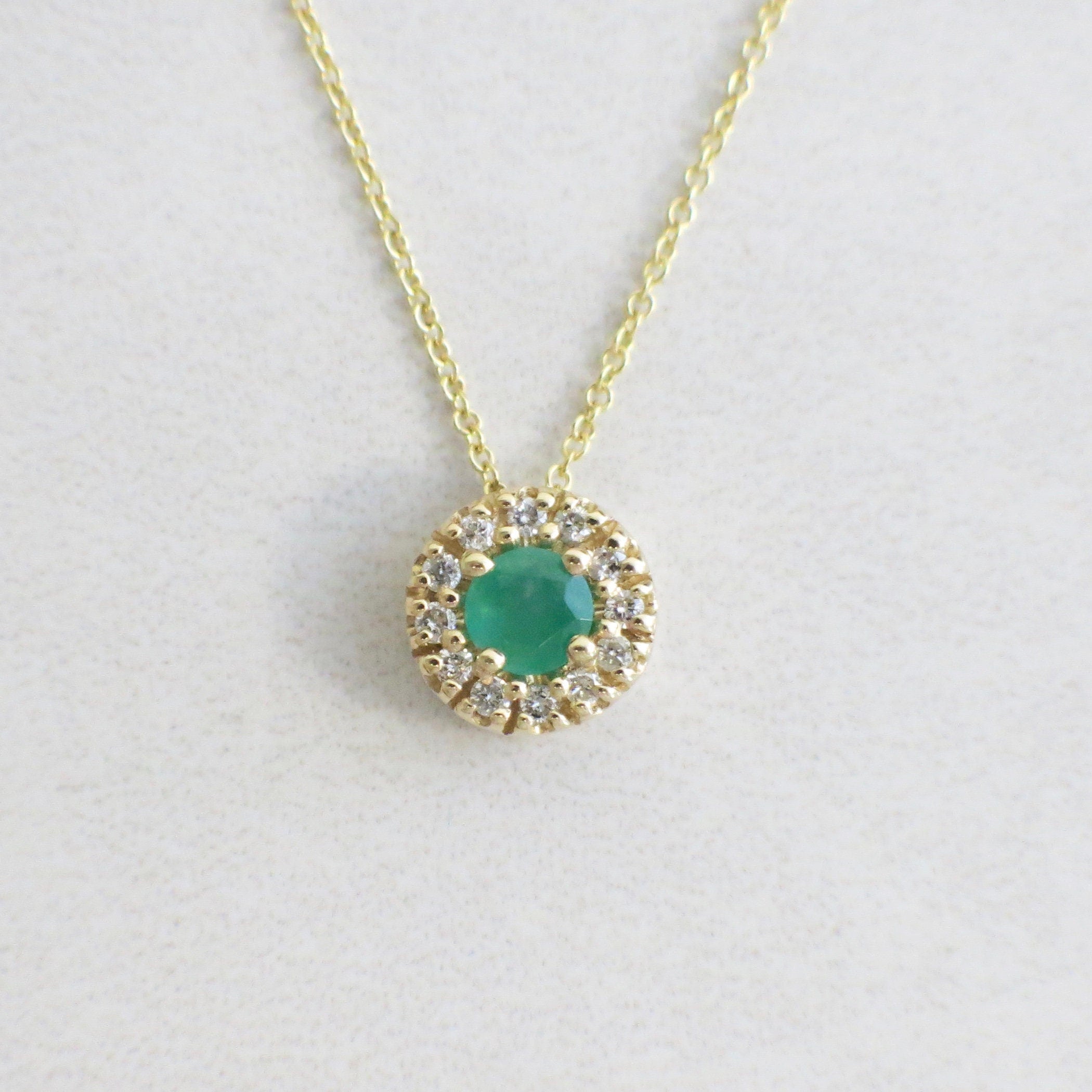 14K Yellow Gold Emerald and Diamond Halo Pendant Necklace – 16" - Black Market LLC