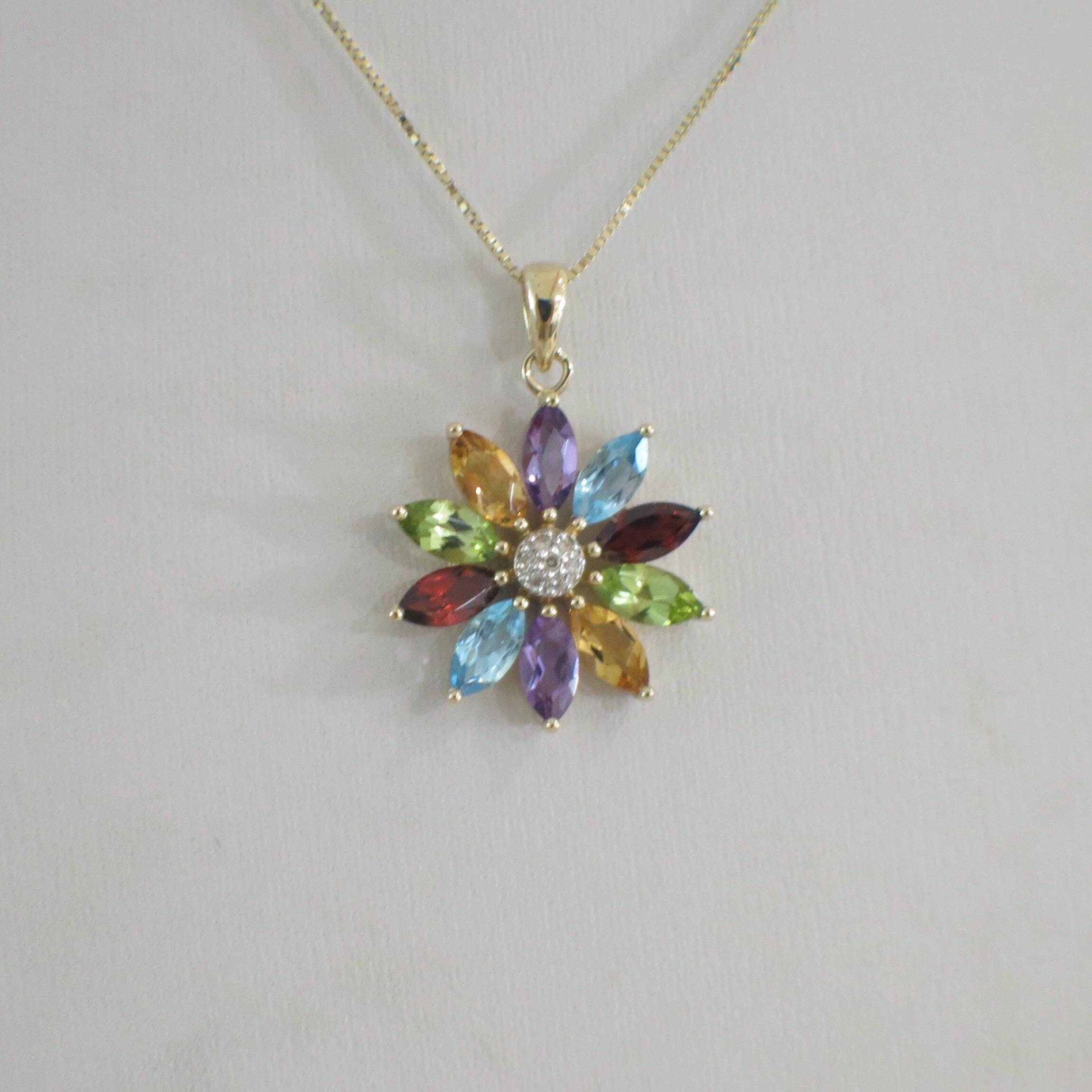 14K Yellow Gold Multi-Gemstone & Diamond Flower Necklace – Amethyst, Peridot, Citrine, Topaz, Garnet - Black Market LLC