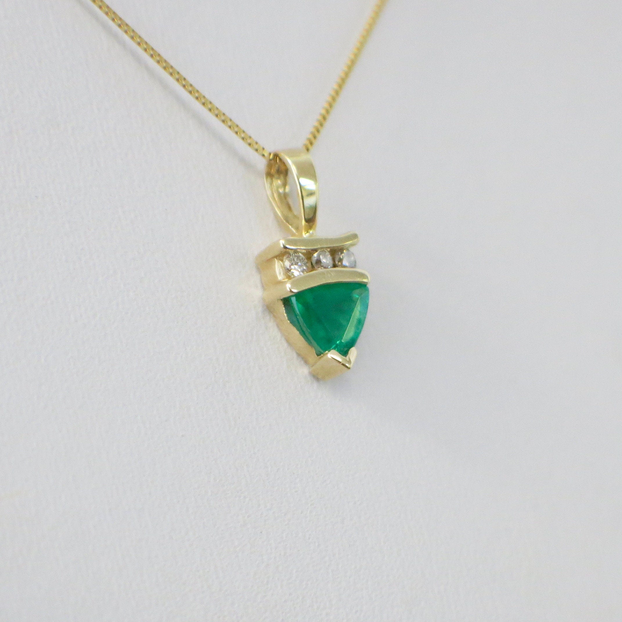 14K Yellow Gold Trillion Emerald and Diamond Pendant | Box Chain Necklace - Black Market LLC