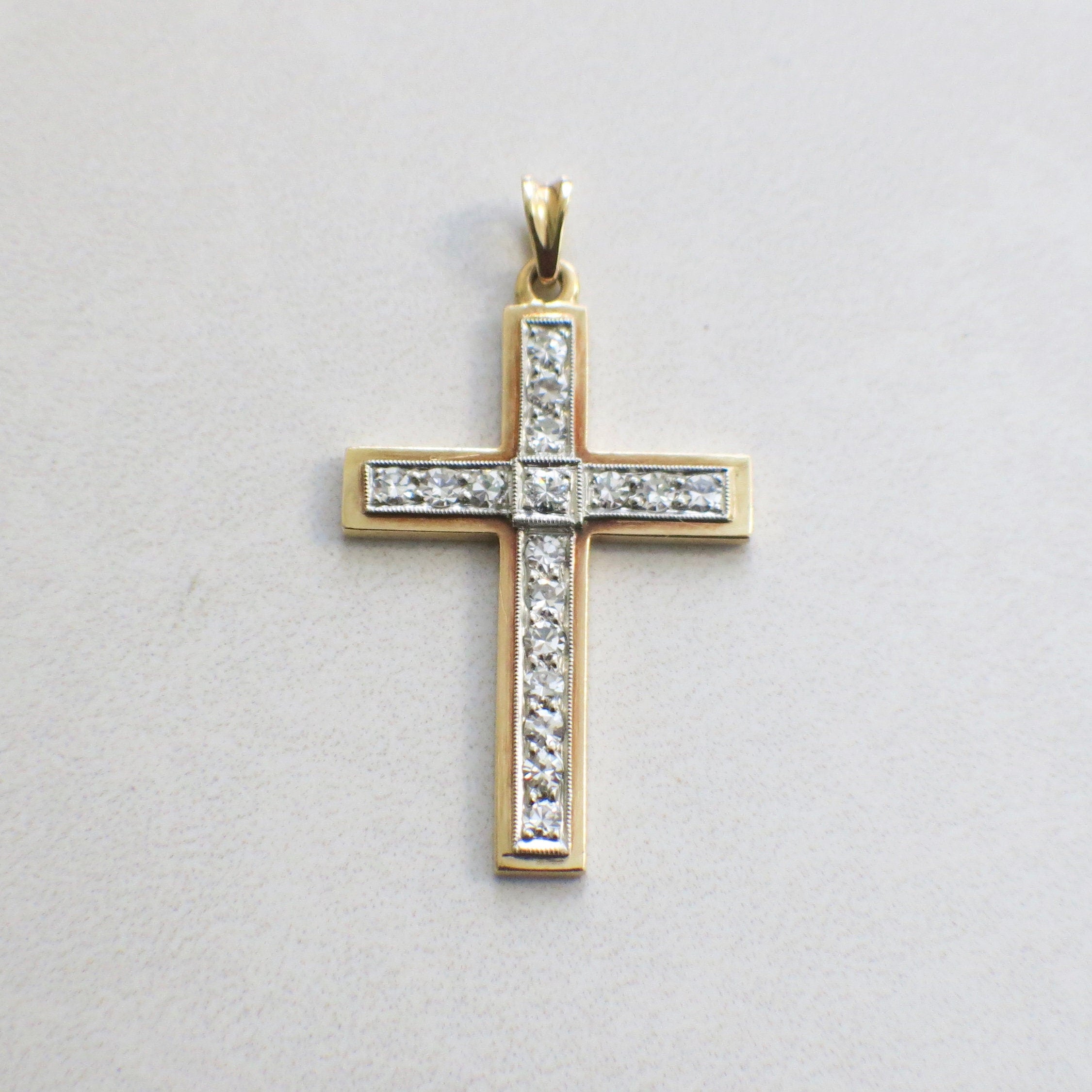 18K Gold Diamond Cross Pendant – Vintage Two-Tone Milgrain, 0.85 CTW - Black Market LLC