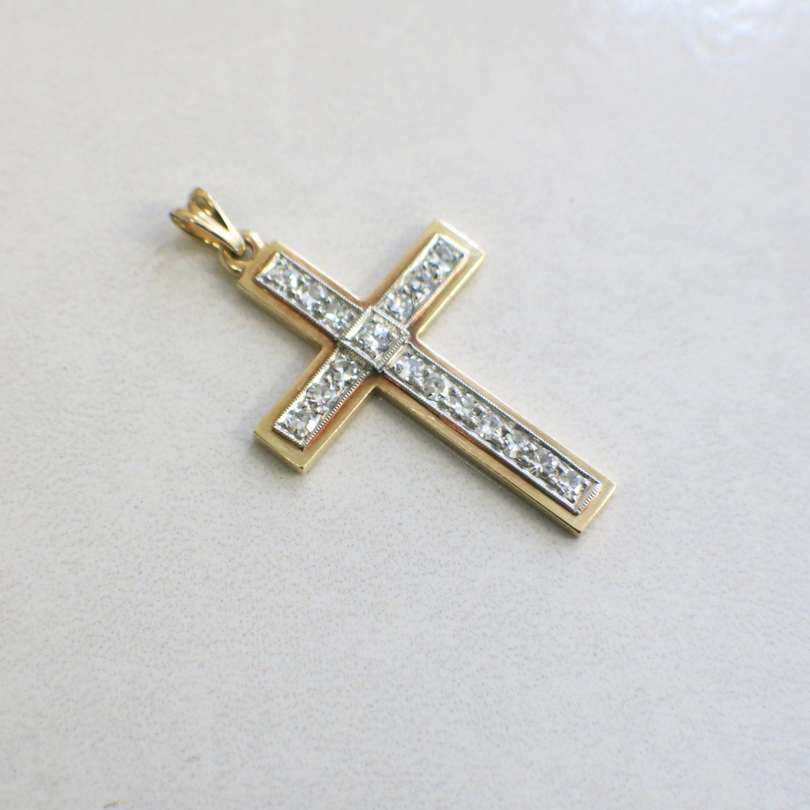18K Gold Diamond Cross Pendant – Vintage Two-Tone Milgrain, 0.85 CTW - Black Market LLC