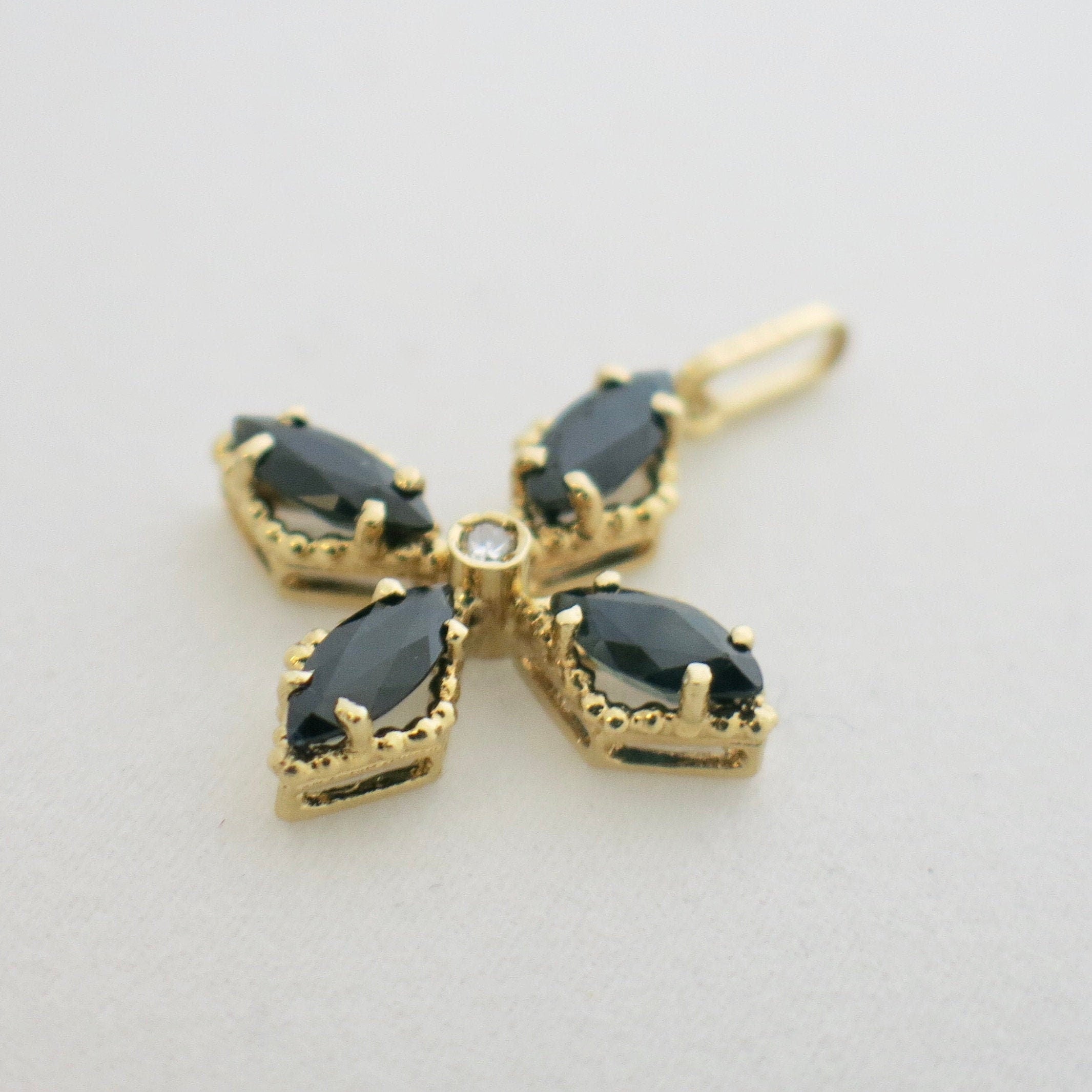 18K Yellow Gold Sapphire Cross Pendant | Vintage Floral Design with Marquise Sapphires & Diamond Center - Black Market LLC