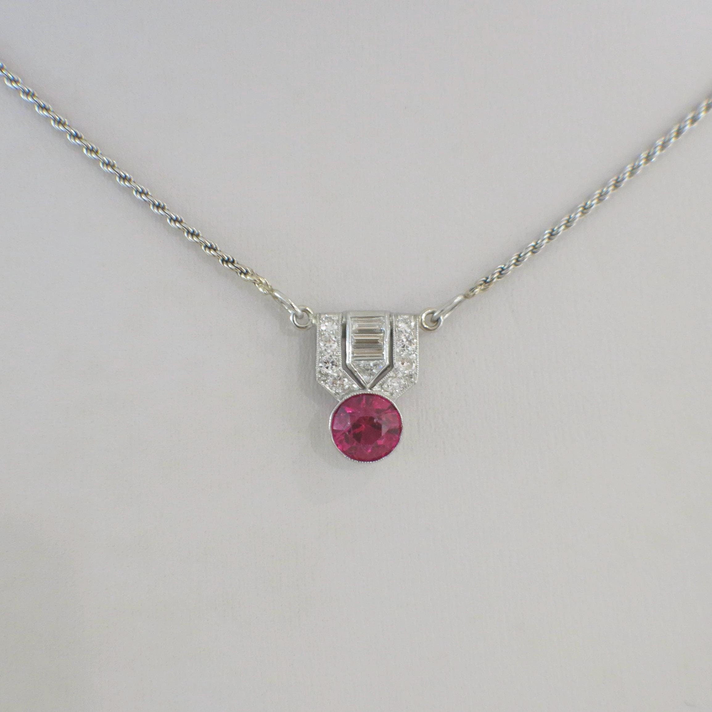 Art Deco 14K White Gold Diamond & Pink Glass Necklace – Vintage 1920s Style, 21 Inch - Black Market LLC