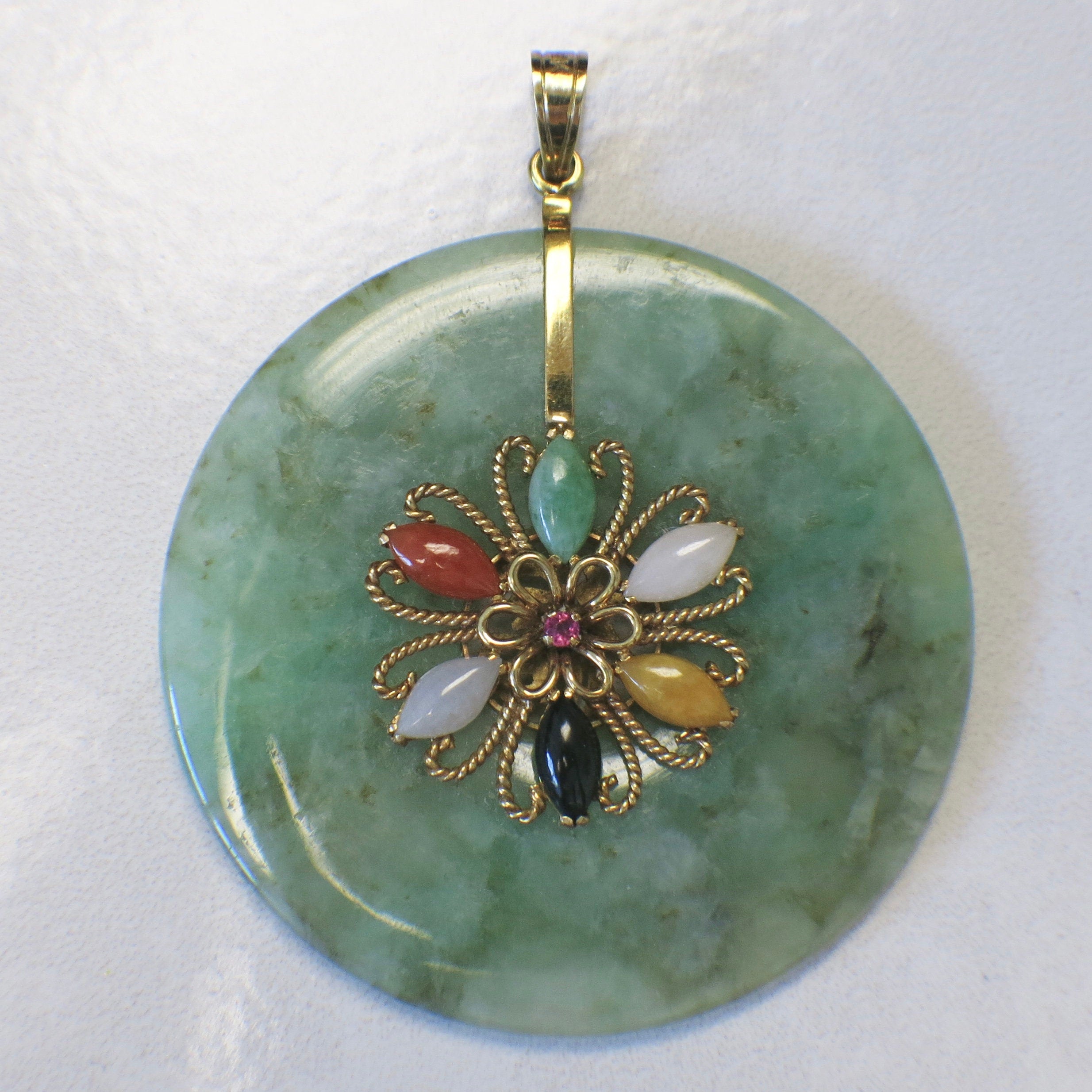 Large Green Jade Pendant with 14K Gold Floral Detail | Multicolor Jade Cabochons & Pink Sapphire - Black Market LLC
