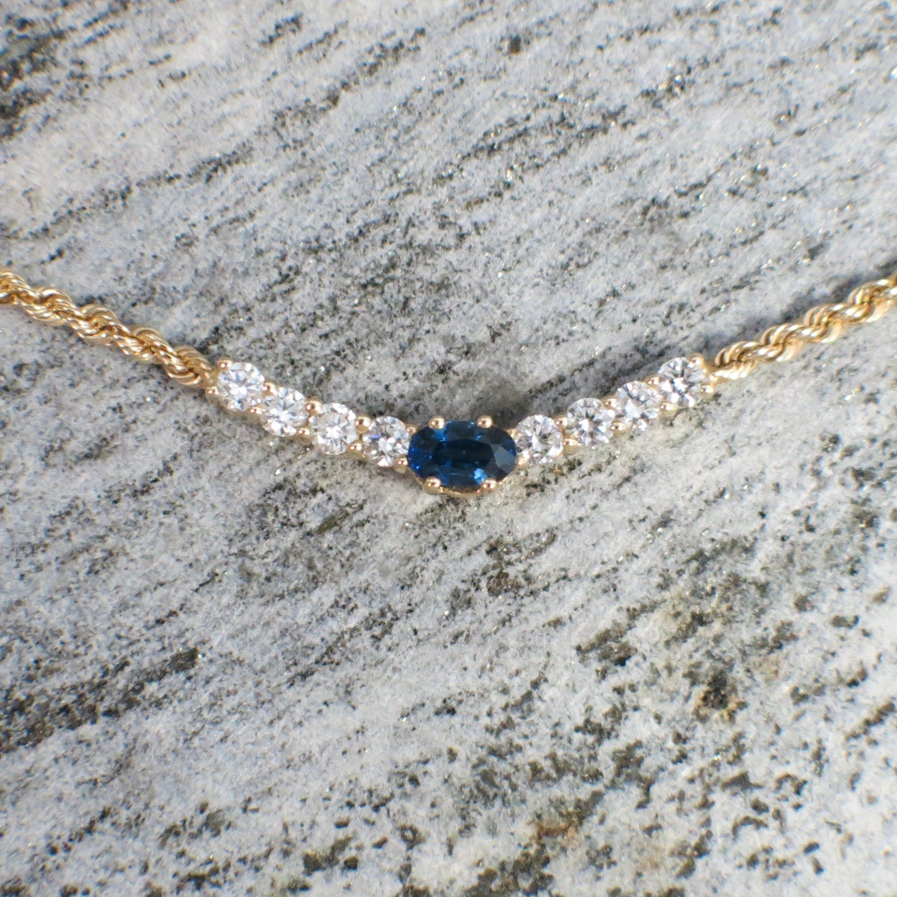Oval Sapphire & Diamond Rope Chain Necklace | 14K Yellow Gold 16 Inch - Black Market LLC