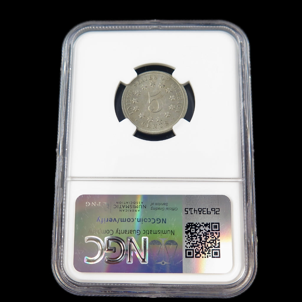 1869 Shield Nickel reverse, early U.S five-cent coin, NGC AU Details, black finish, detailed shield design, collectible nickel coin