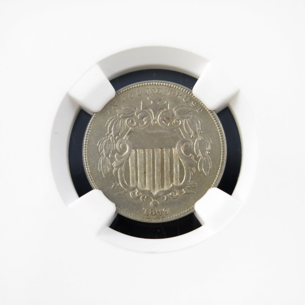 1869 Shield Nickel reverse showing detailed design, early U.S. five-cent coin with AU details, from Black Market LLC.