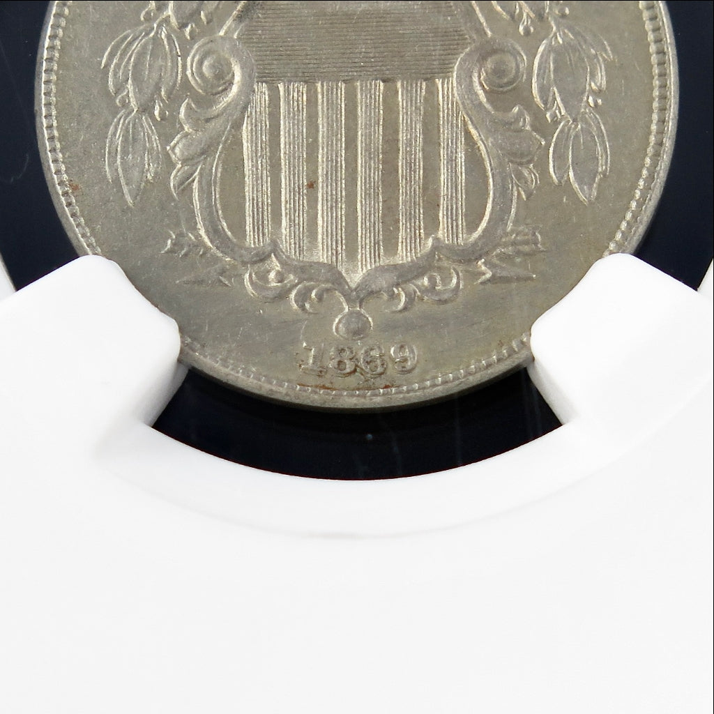 1869 Shield Nickel reverse, early U.S. five-cent coin, NGC AU details, metallic surface, historic nickel by Black Market LLC