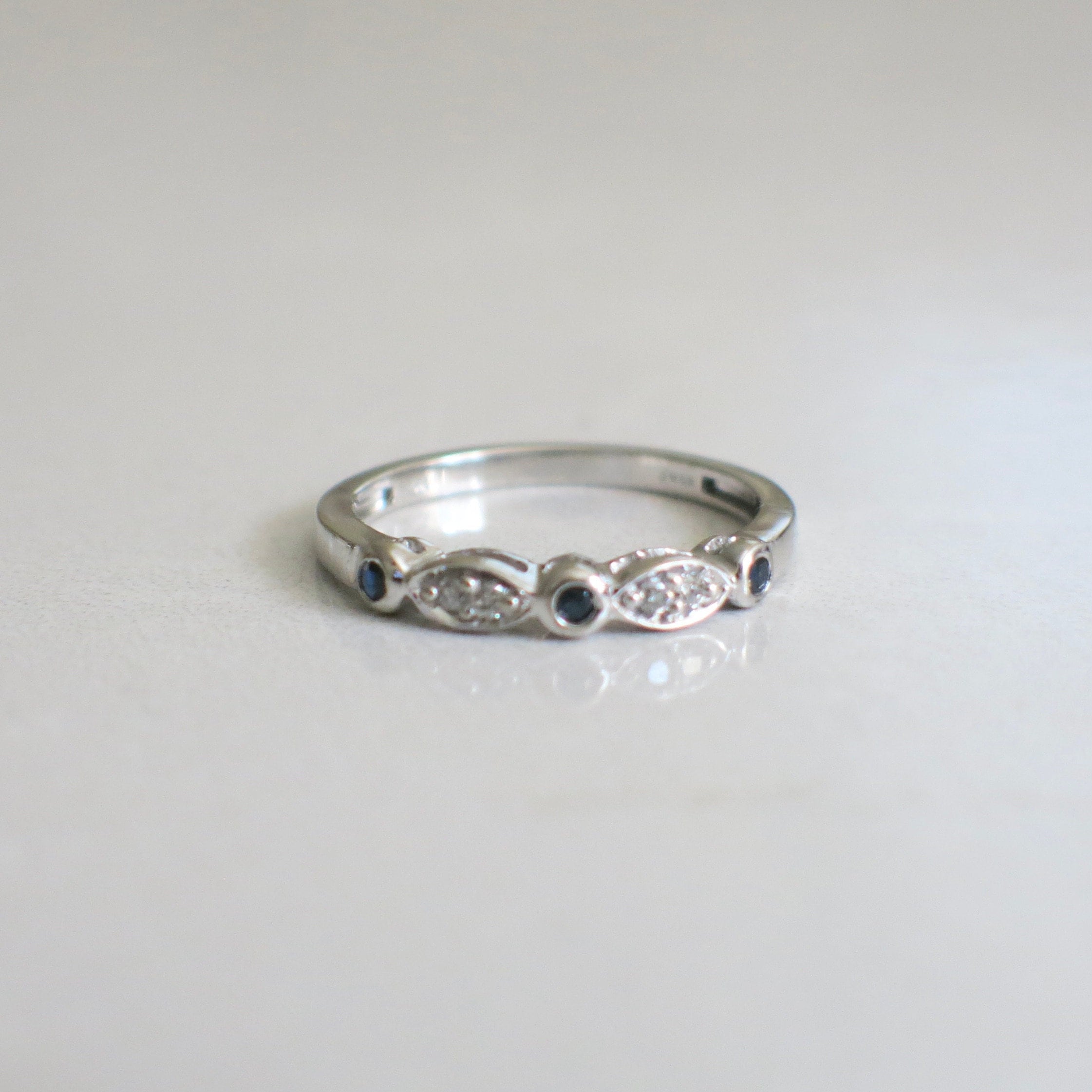 10K White Gold Diamond and Sapphire Band | Vintage Bezel Stackable Ring Size 6.75 - Black Market LLC