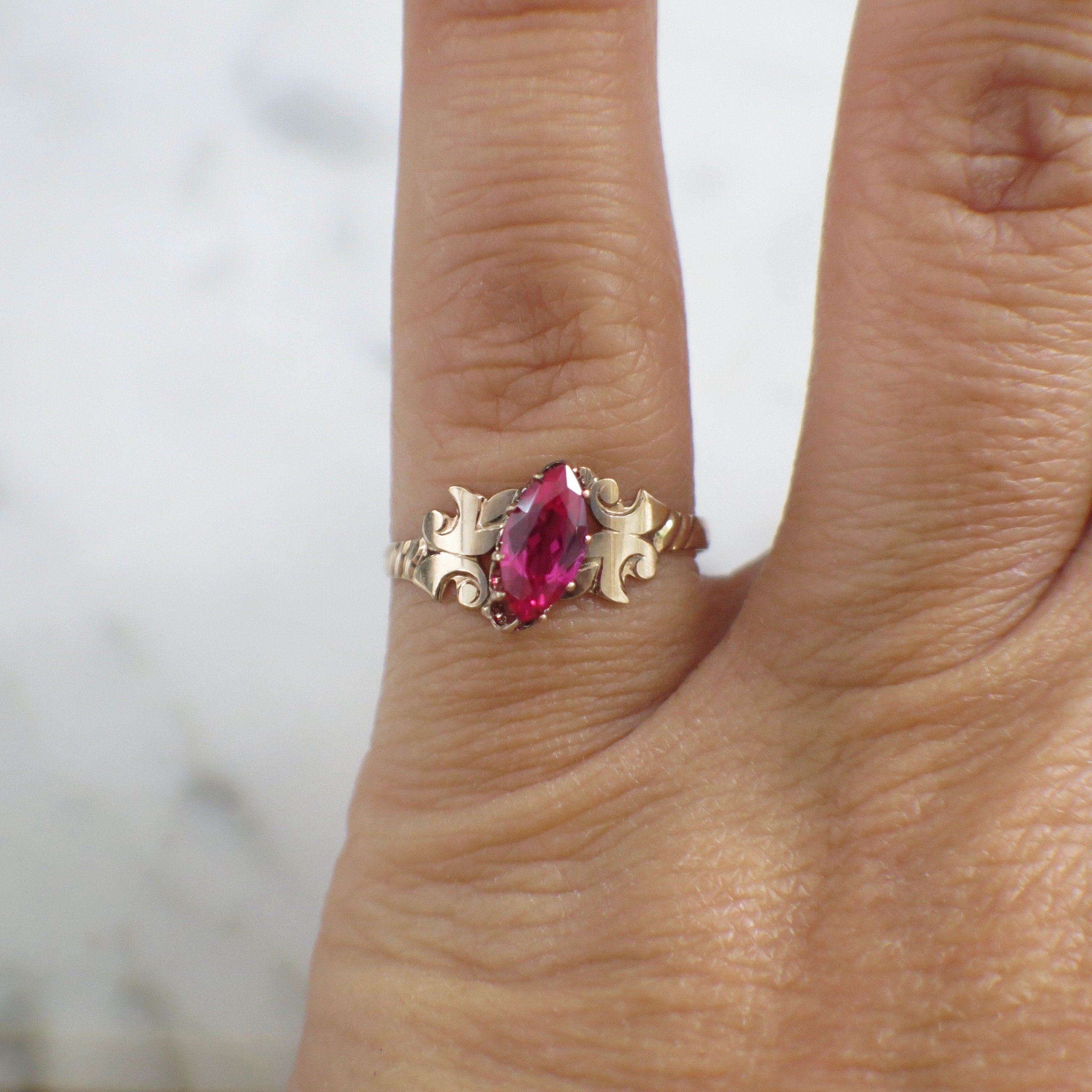 10K Yellow Gold Pink Sapphire Ring | Marquise Synthetic Gemstone Size 5.25 - Black Market LLC