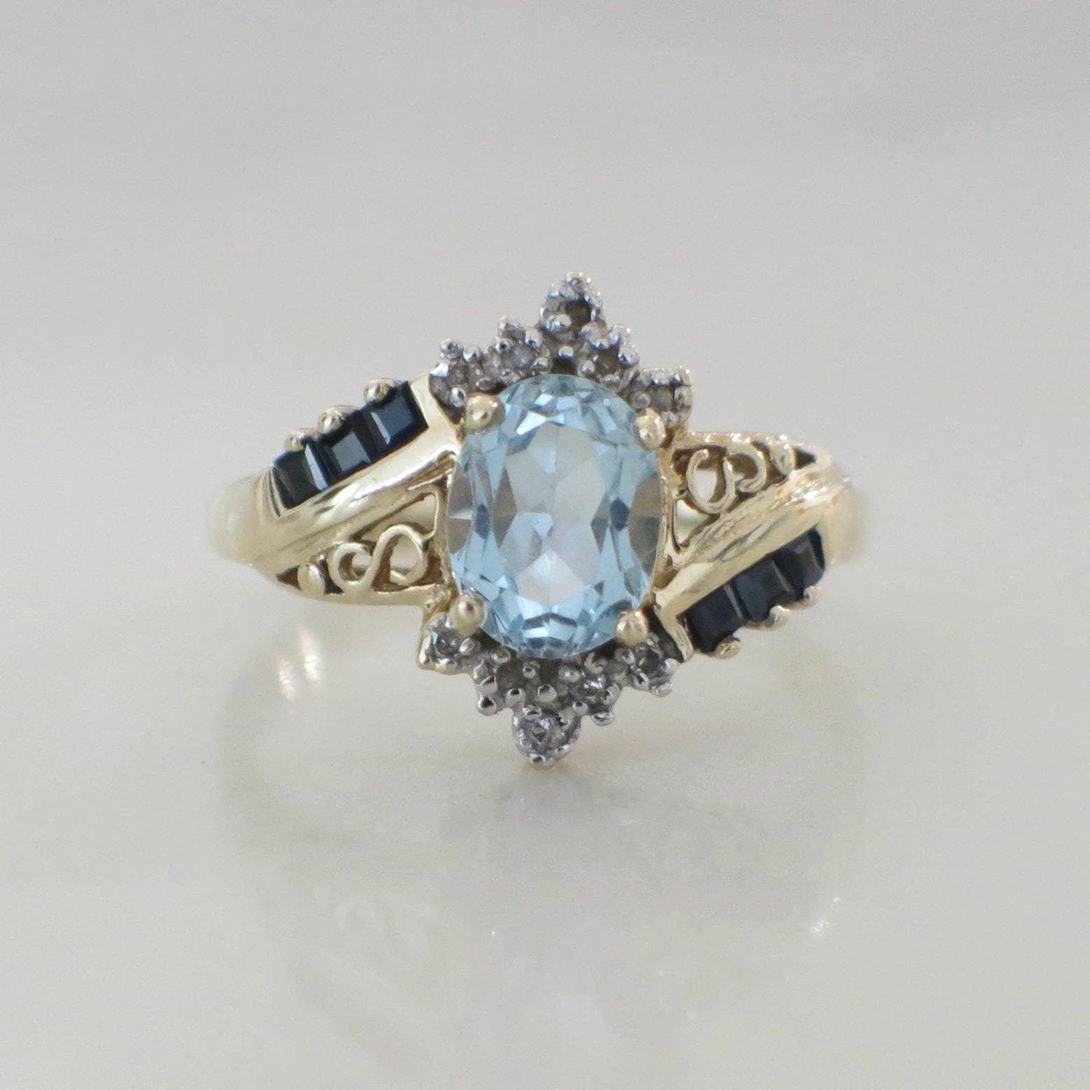 10K Yellow Gold Sky Blue Topaz, Sapphire, and Diamond Ring – Vintage Style, Size 8 - Black Market LLC