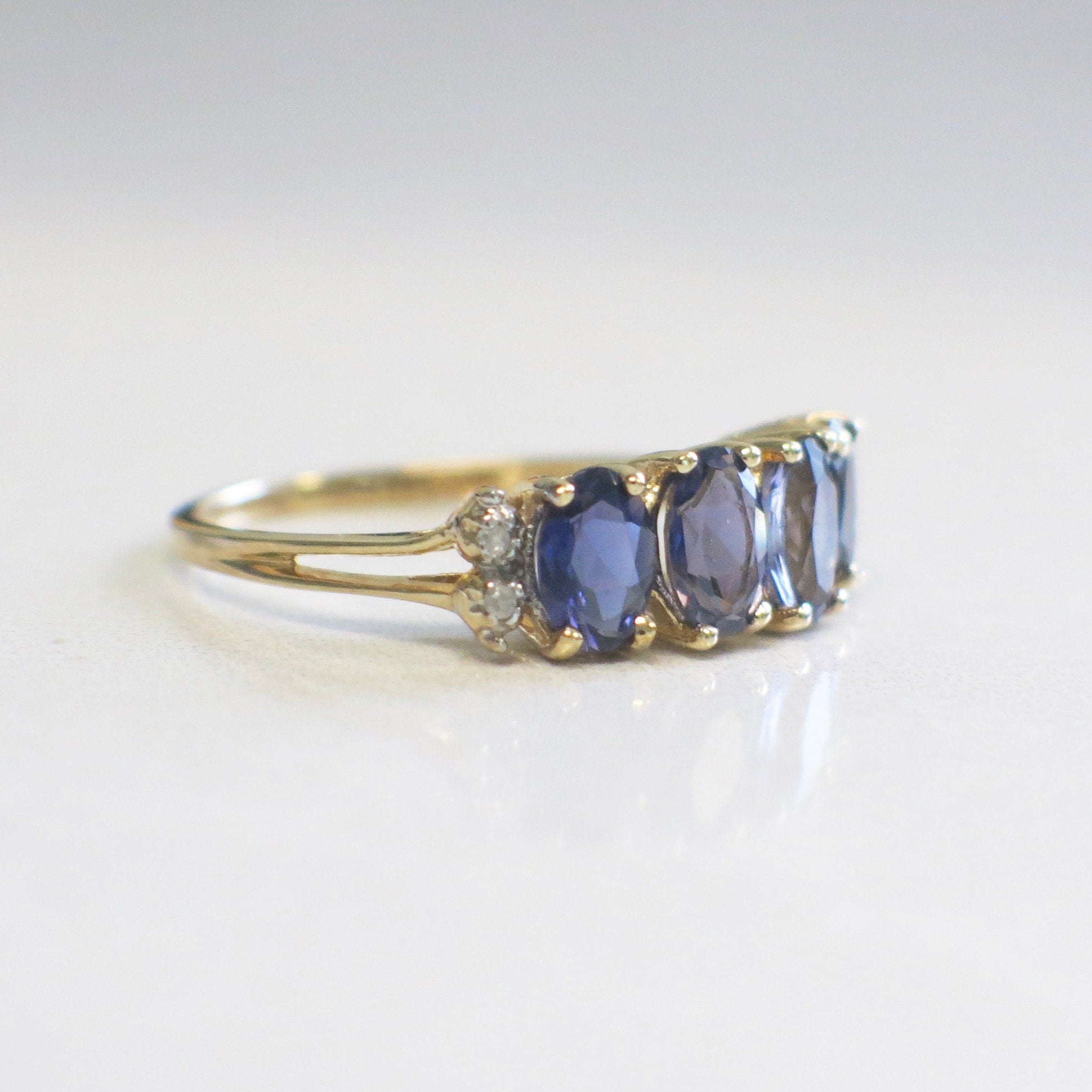 10K Yellow Gold Tanzanite and Diamond Ring – Four Oval Stones, Size 6.75 - Black Market LLC