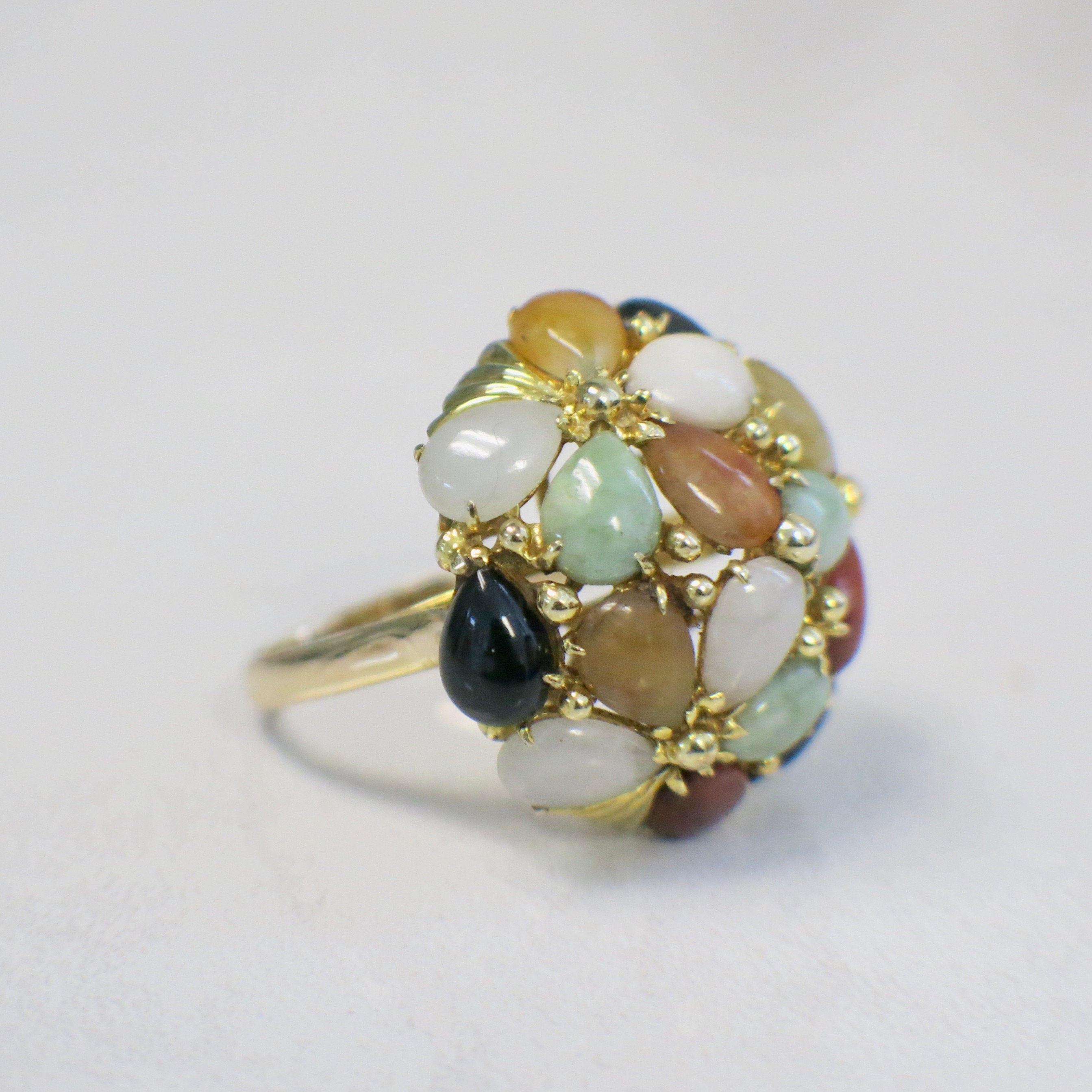 14K gold cocktail ring with multicolor jade, onyx, and carnelian cabochons, size 7, featuring a vibrant cluster design.