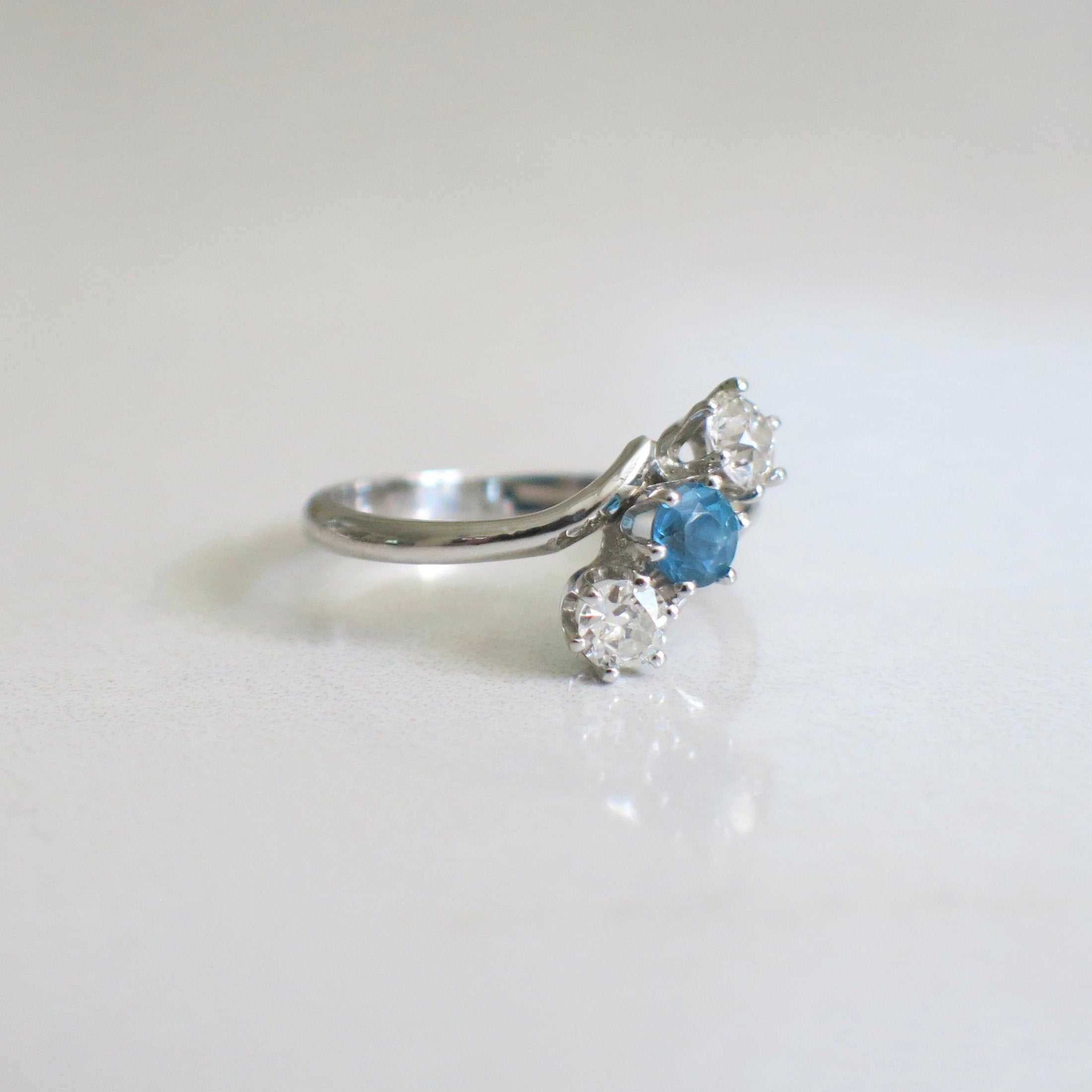 14K White Gold Aquamarine and Diamond Bypass Ring | Vintage Three Stone Size 8 - Black Market LLC