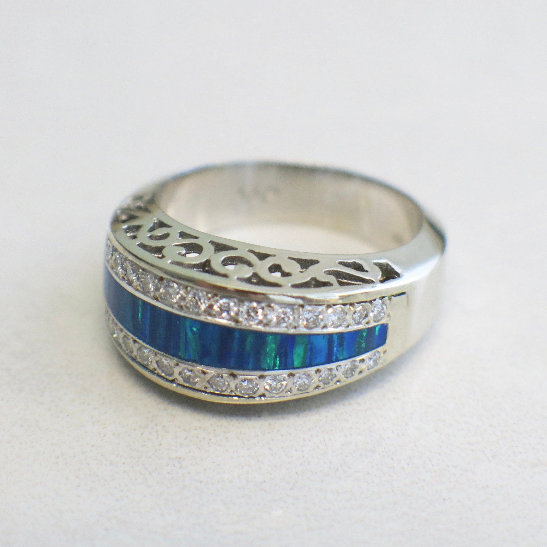 14K White Gold Australian Opal Inlay and Diamond Band, Vintage Filigree Ring - Black Market LLC