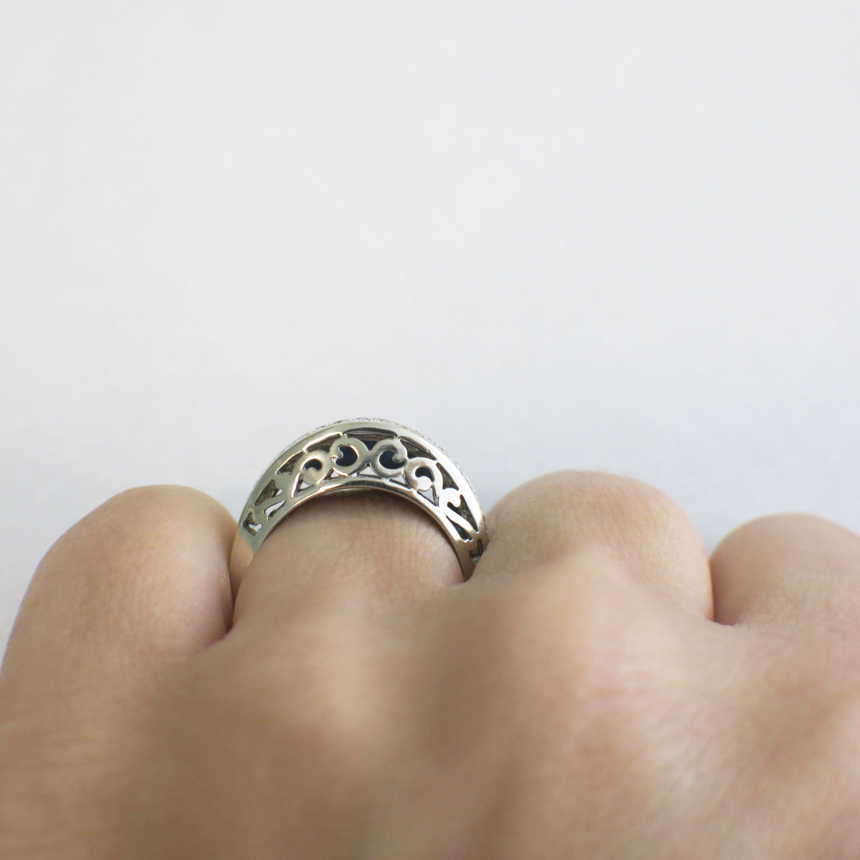 14K White Gold Australian Opal Inlay and Diamond Band, Vintage Filigree Ring - Black Market LLC