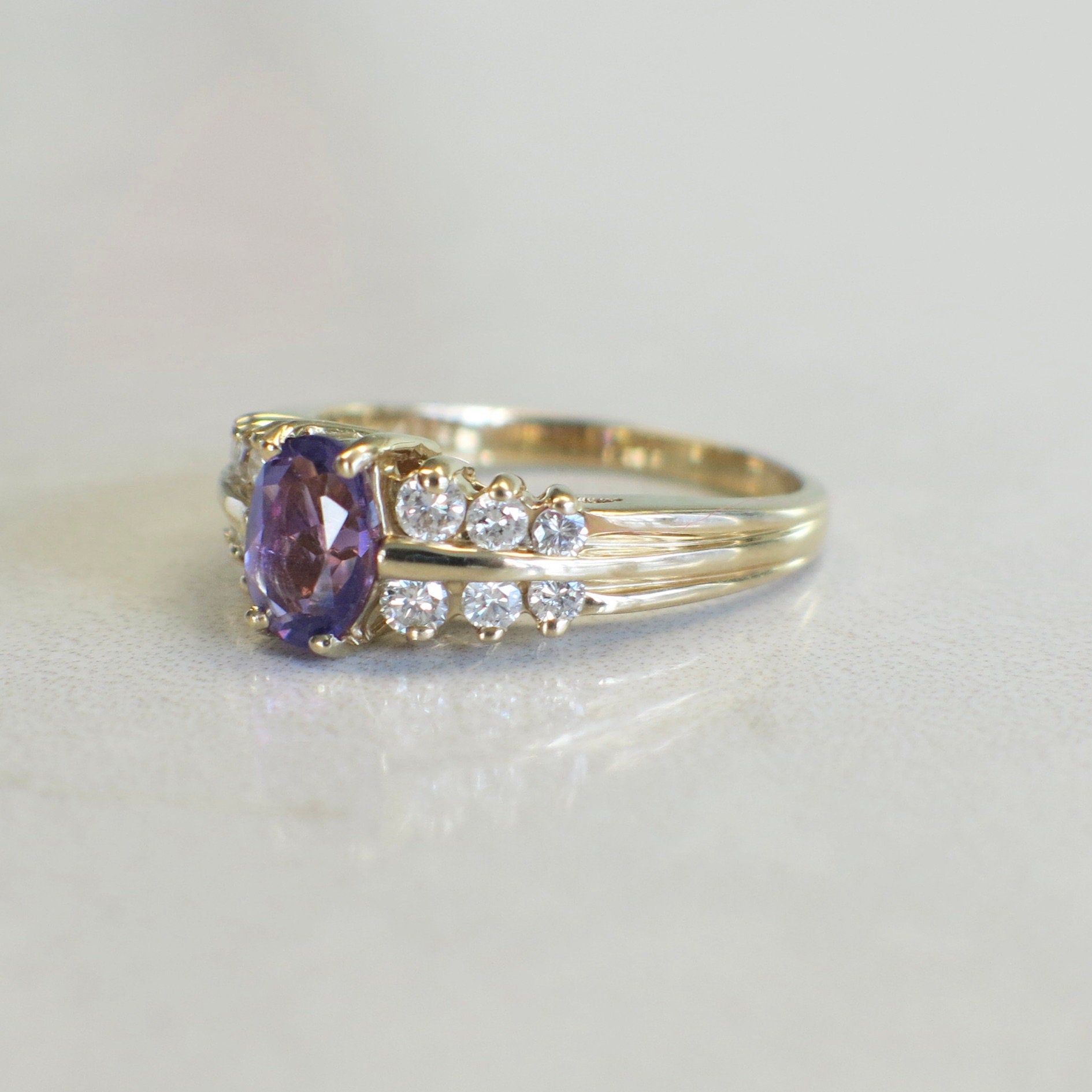 14K Yellow Gold Amethyst Ring with Diamond Accents | Oval Cut Cocktail Ring Size 6.5 - Black Market LLC