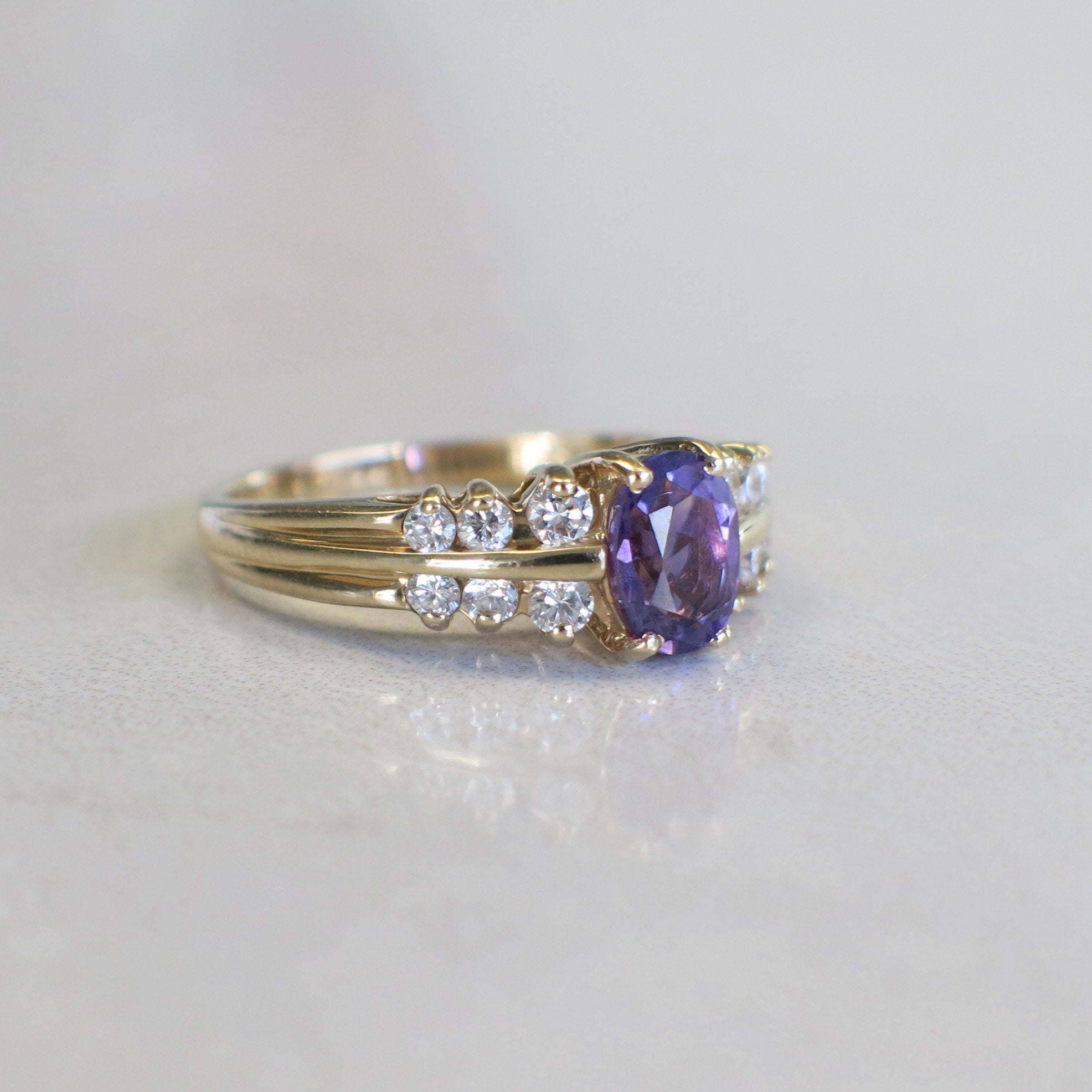 14K yellow gold amethyst ring with diamond accents, oval cut, stylish cocktail ring in size 6.5 with elegant design.