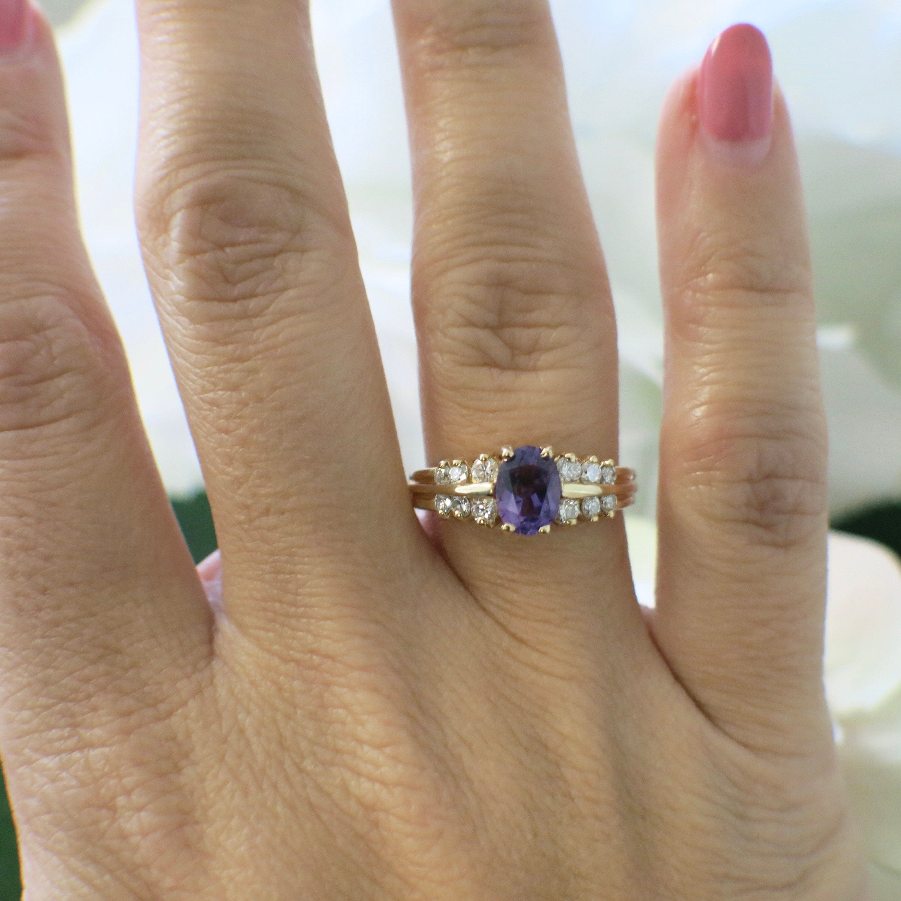 14K yellow gold amethyst ring with diamond accents, oval cut, size 6.5, featuring a bold cocktail style.