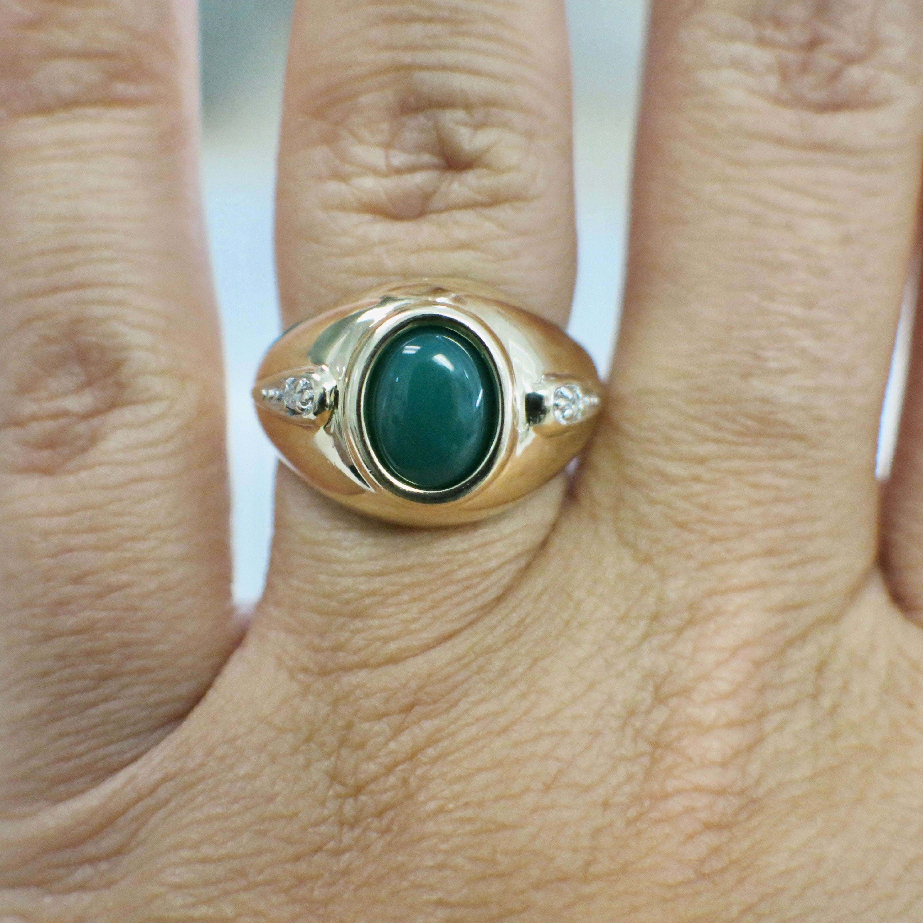 14K yellow gold chrysoprase cabochon ring with diamond accents, size 6, featuring a polished green gemstone and sparkling diamond details