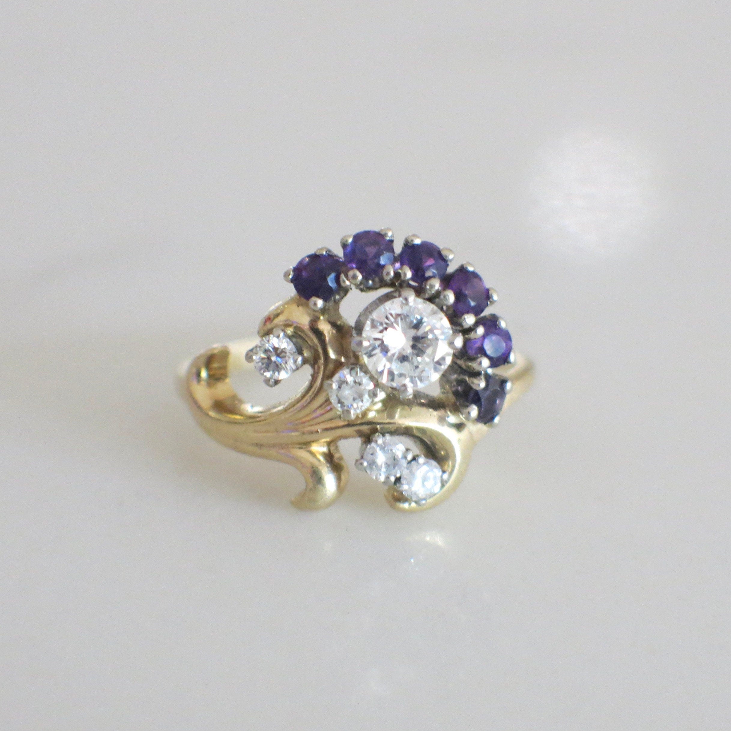 14K Yellow Gold Diamond and Amethyst Cluster Ring – Vintage Scroll Design, Size 8 - Black Market LLC