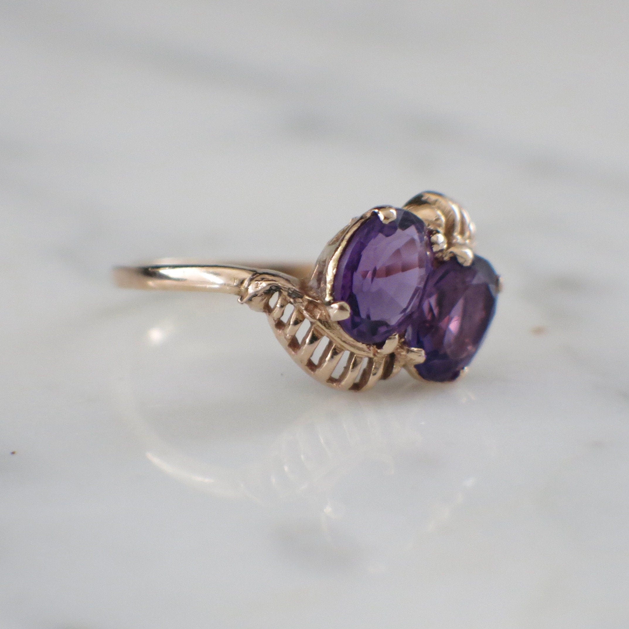 14K Yellow Gold Double Oval Amethyst Ring | Vintage Style Statement Ring Size 7.5 - Black Market LLC
