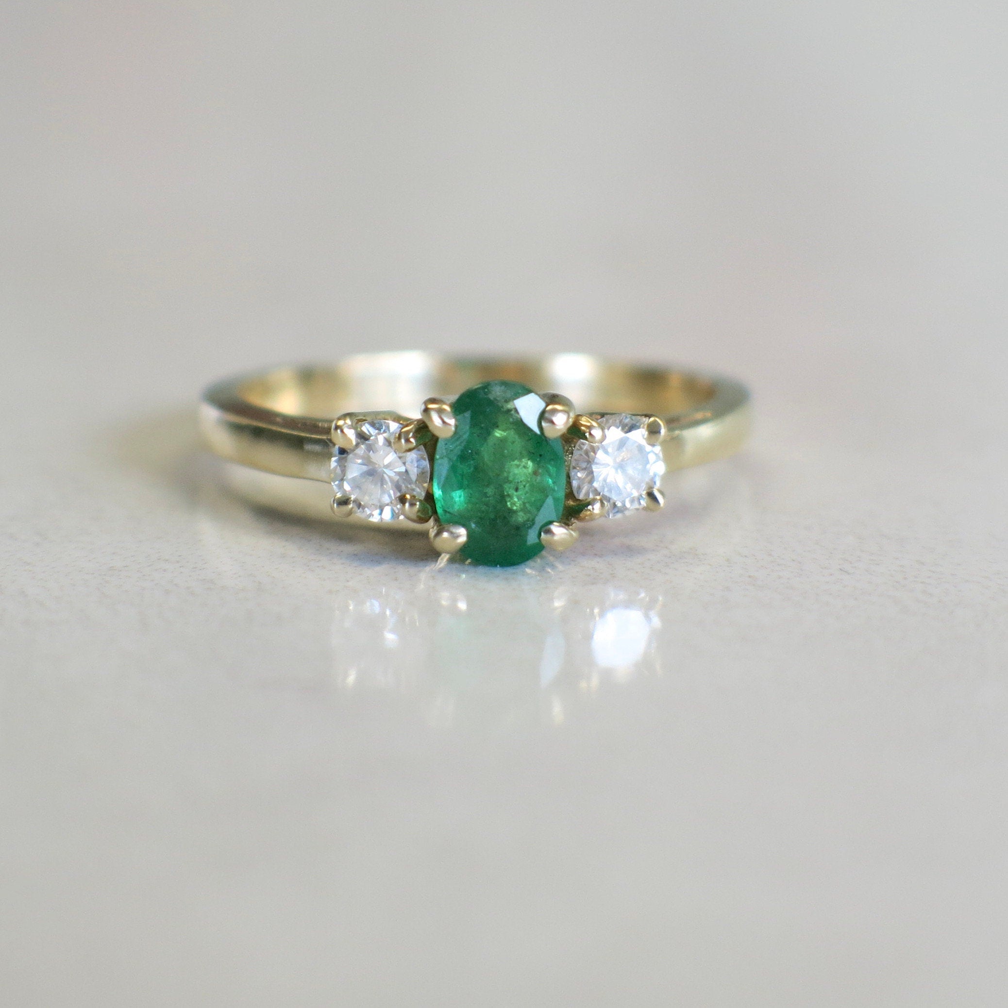 14K Yellow Gold Emerald and Diamond Three-Stone Ring | Classic Engagement or Anniversary - Black Market LLC