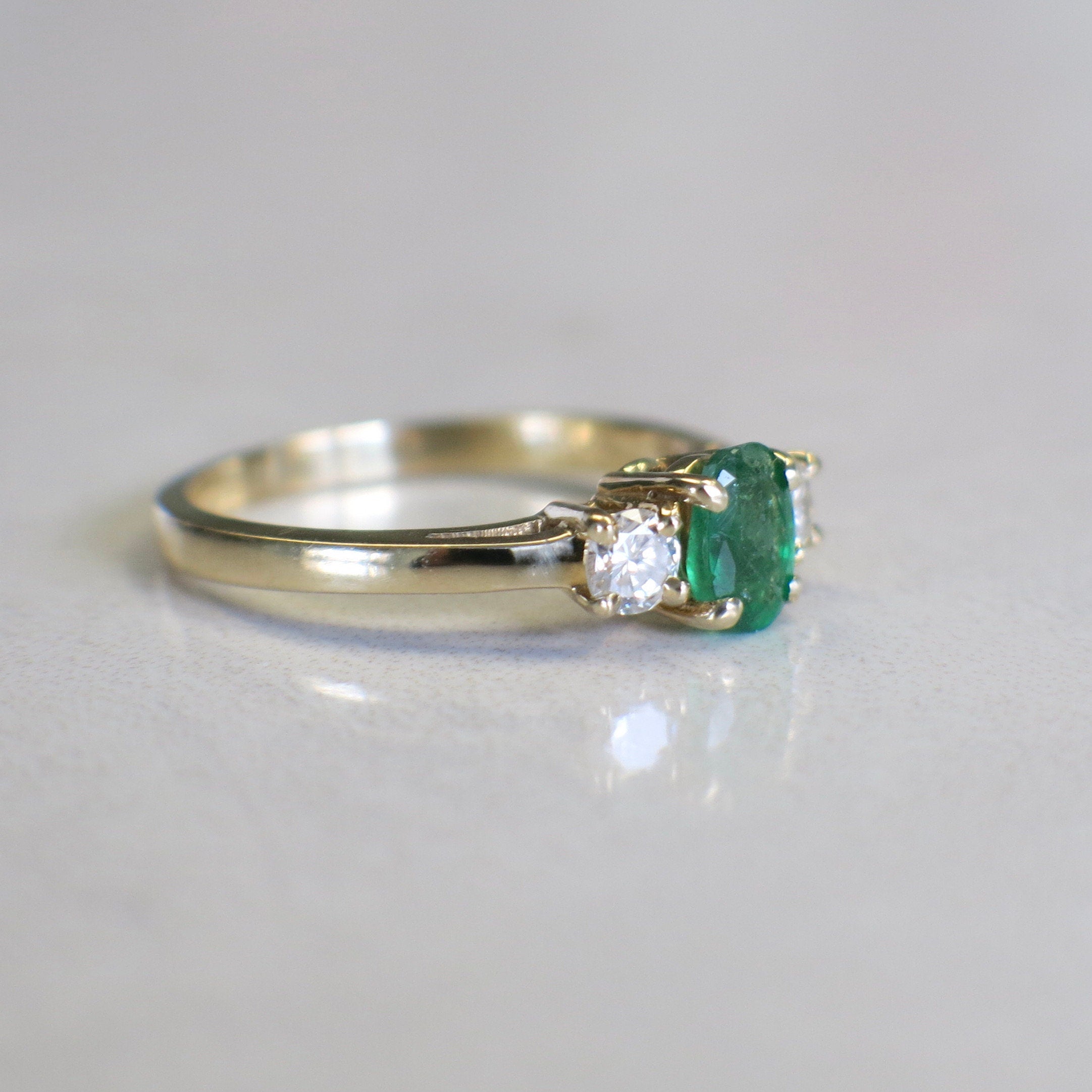 14K Yellow Gold Emerald and Diamond Three-Stone Ring | Classic Engagement or Anniversary - Black Market LLC