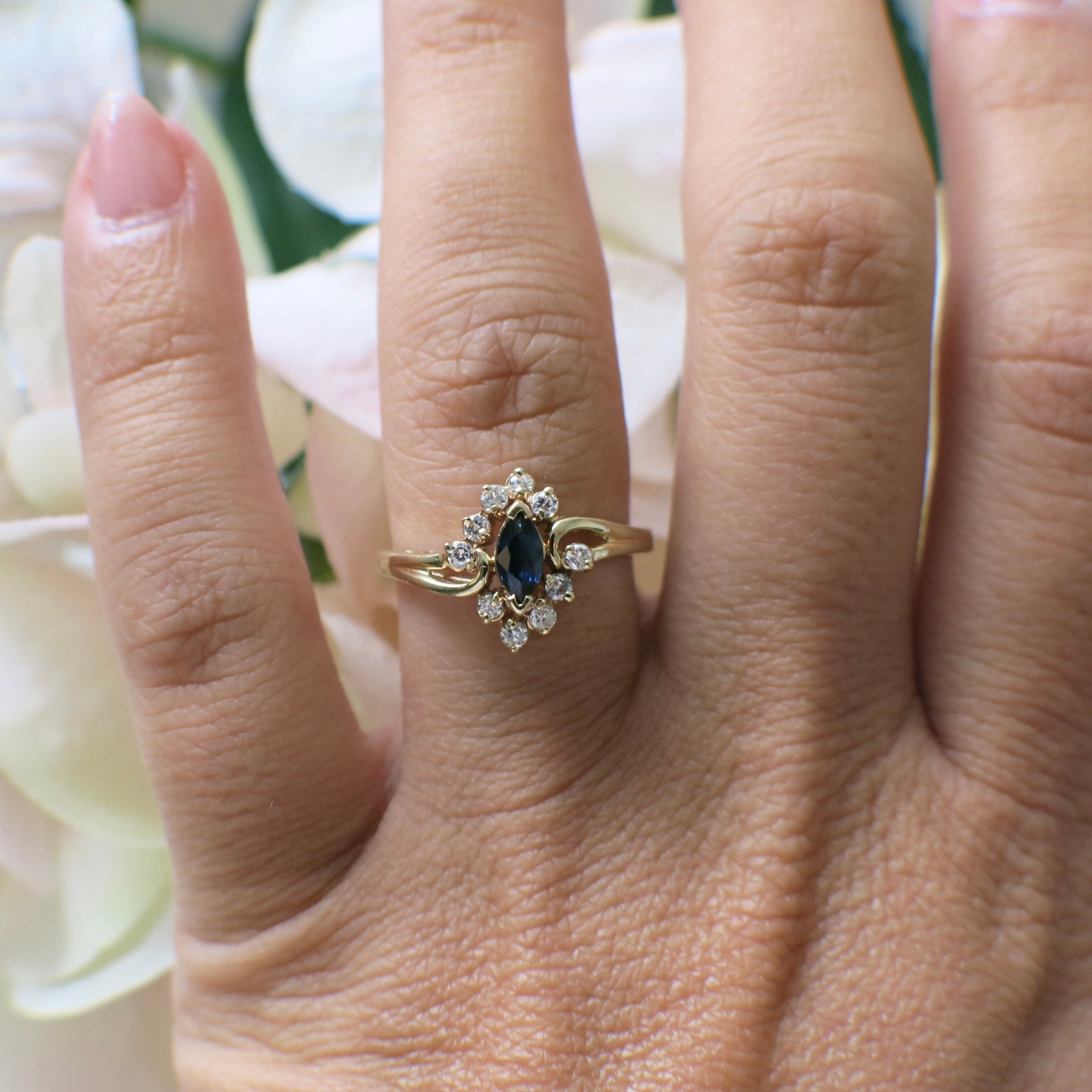 14K Yellow Gold Marquise Sapphire Diamond Halo Ring | Vintage Floral Style - Black Market LLC