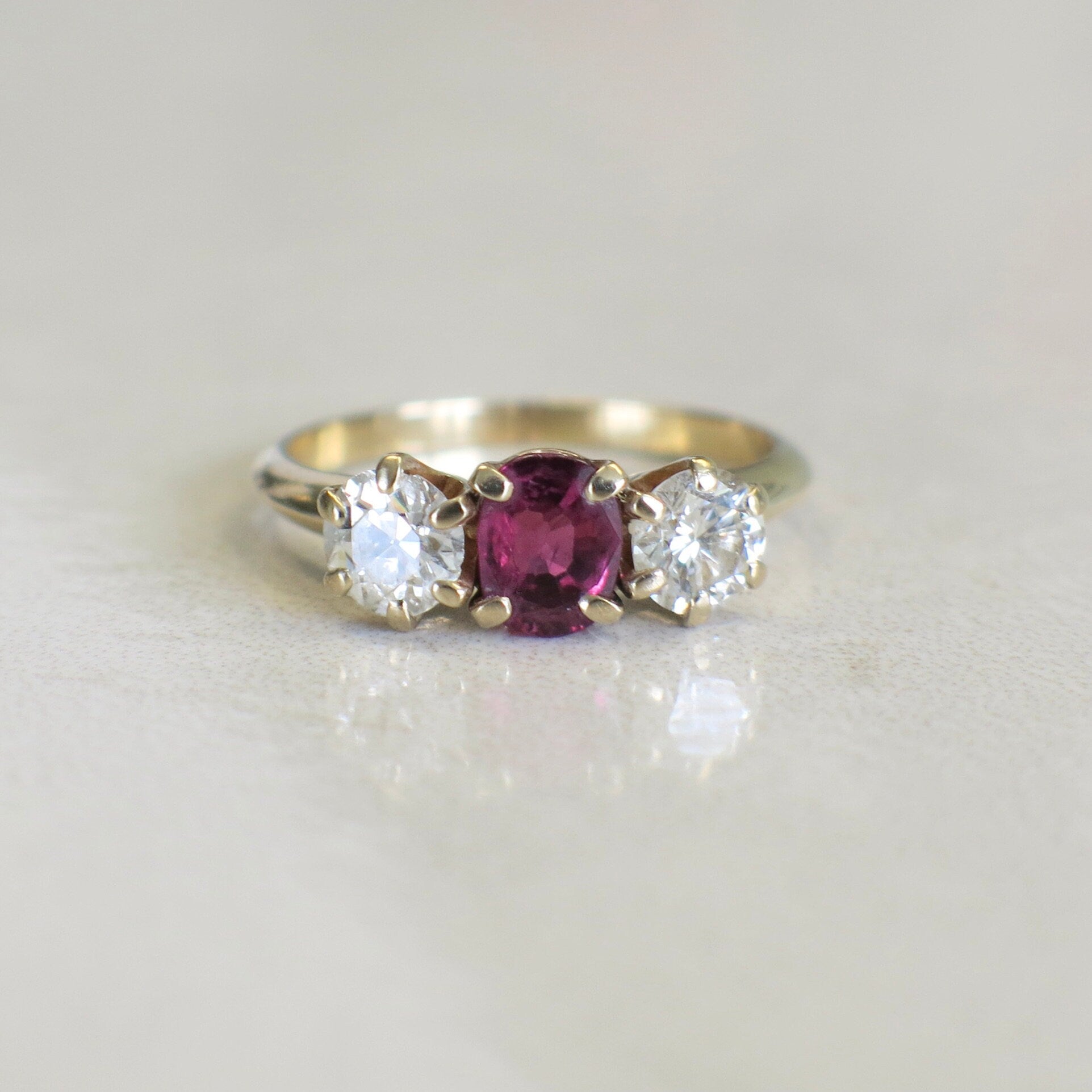 14K Yellow Gold Ruby and Diamond Three-Stone Ring | Vintage Alternative Engagement 1.00ctw Size 5.75 - Black Market LLC