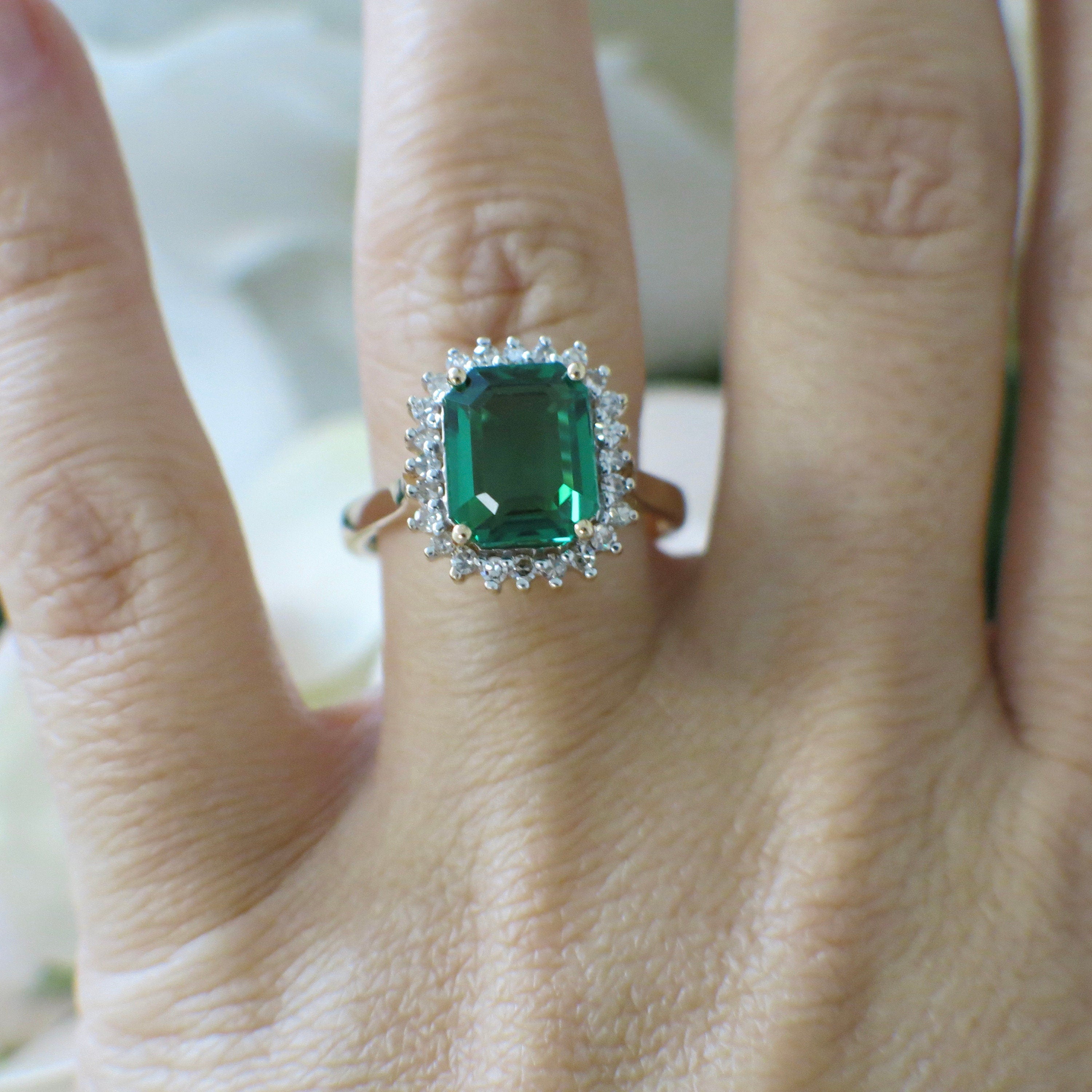 14K yellow gold synthetic emerald and diamond halo ring, vintage-inspired design, size 8.5 by Black Market LLC.