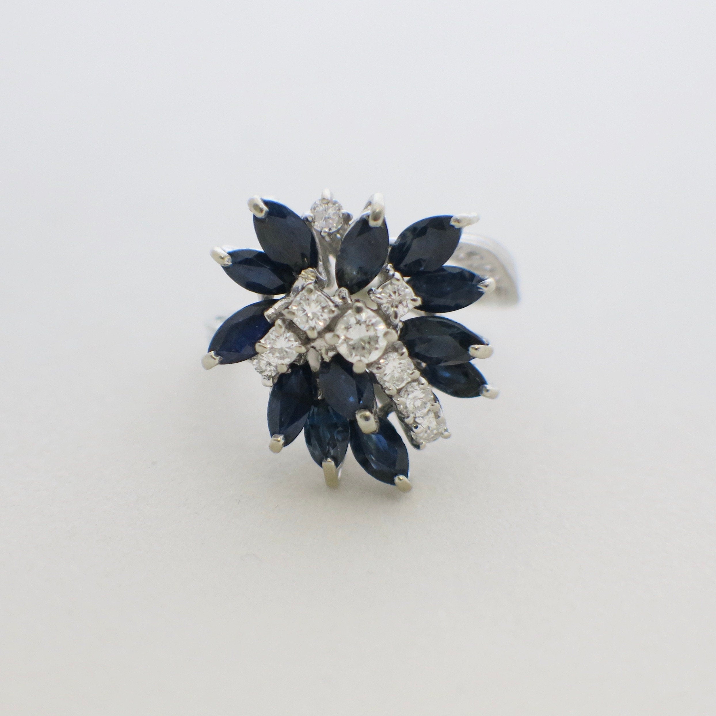 18K White Gold Marquise Sapphire & Diamond Cluster Ring – Vintage Statement, Size 7 - Black Market LLC
