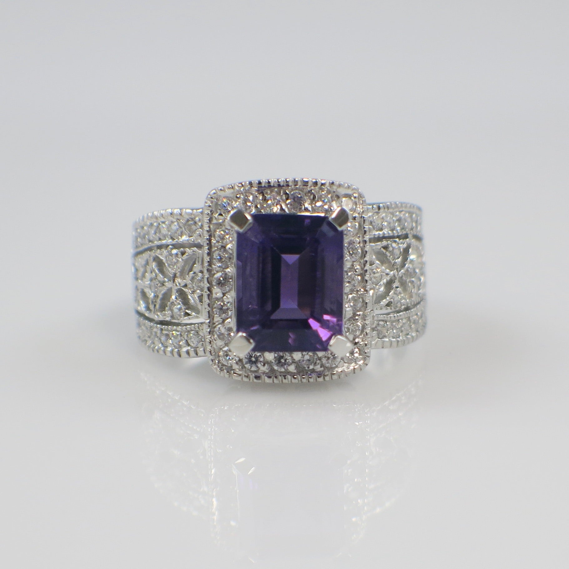 Emerald Cut Amethyst and Diamond Halo Ring in 14K White Gold – February Birthstone Jewelry - Black Market LLC