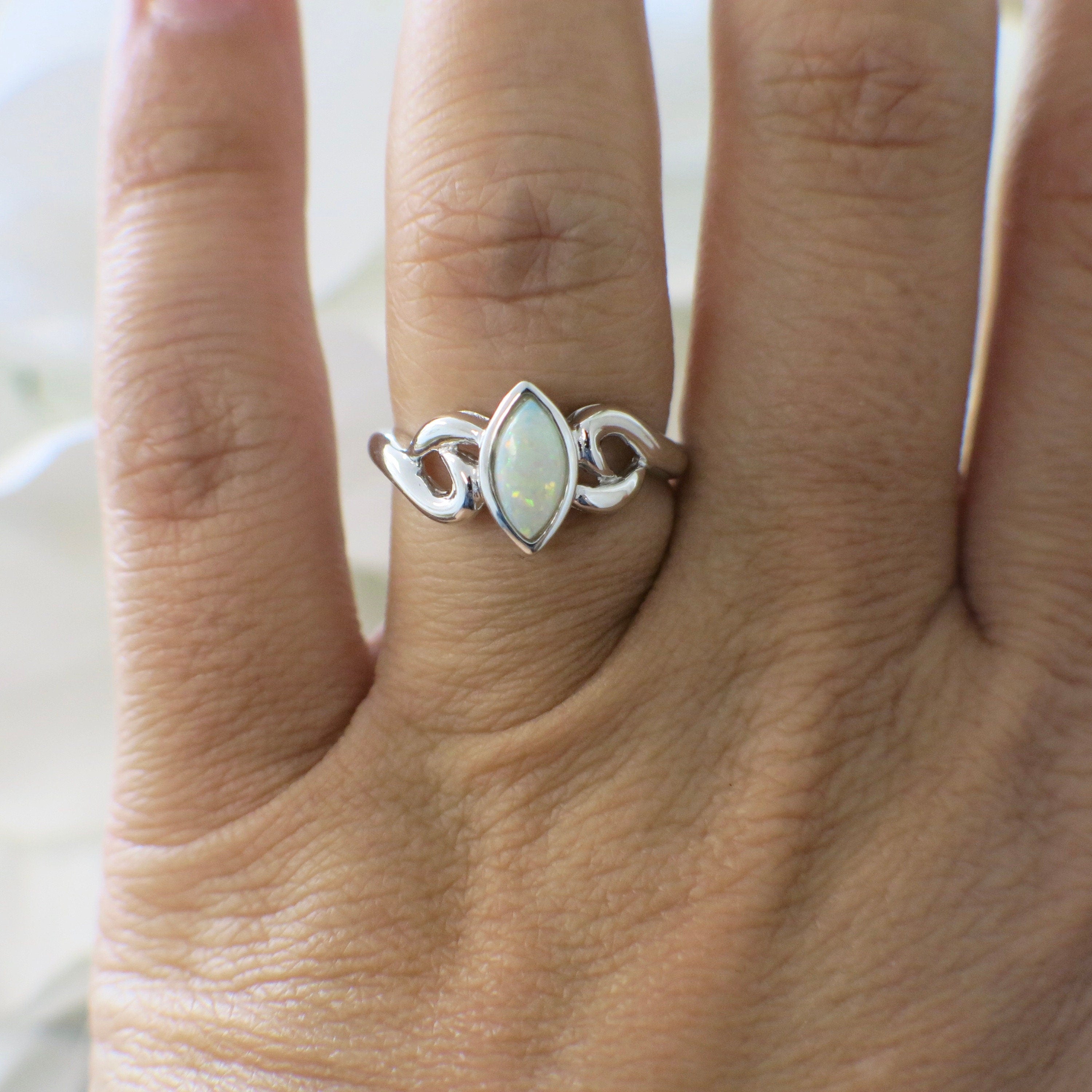 Marquise Opal Ring – 14K White Gold, Bezel Set Cabochon, Size 5.5 - Black Market LLC