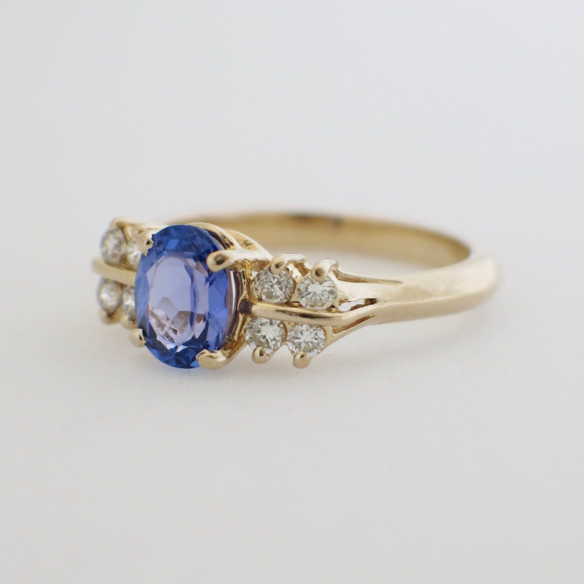 Oval Tanzanite and Diamond Ring – 14K Yellow Gold, AA Grade, Size 8.5 - Black Market LLC