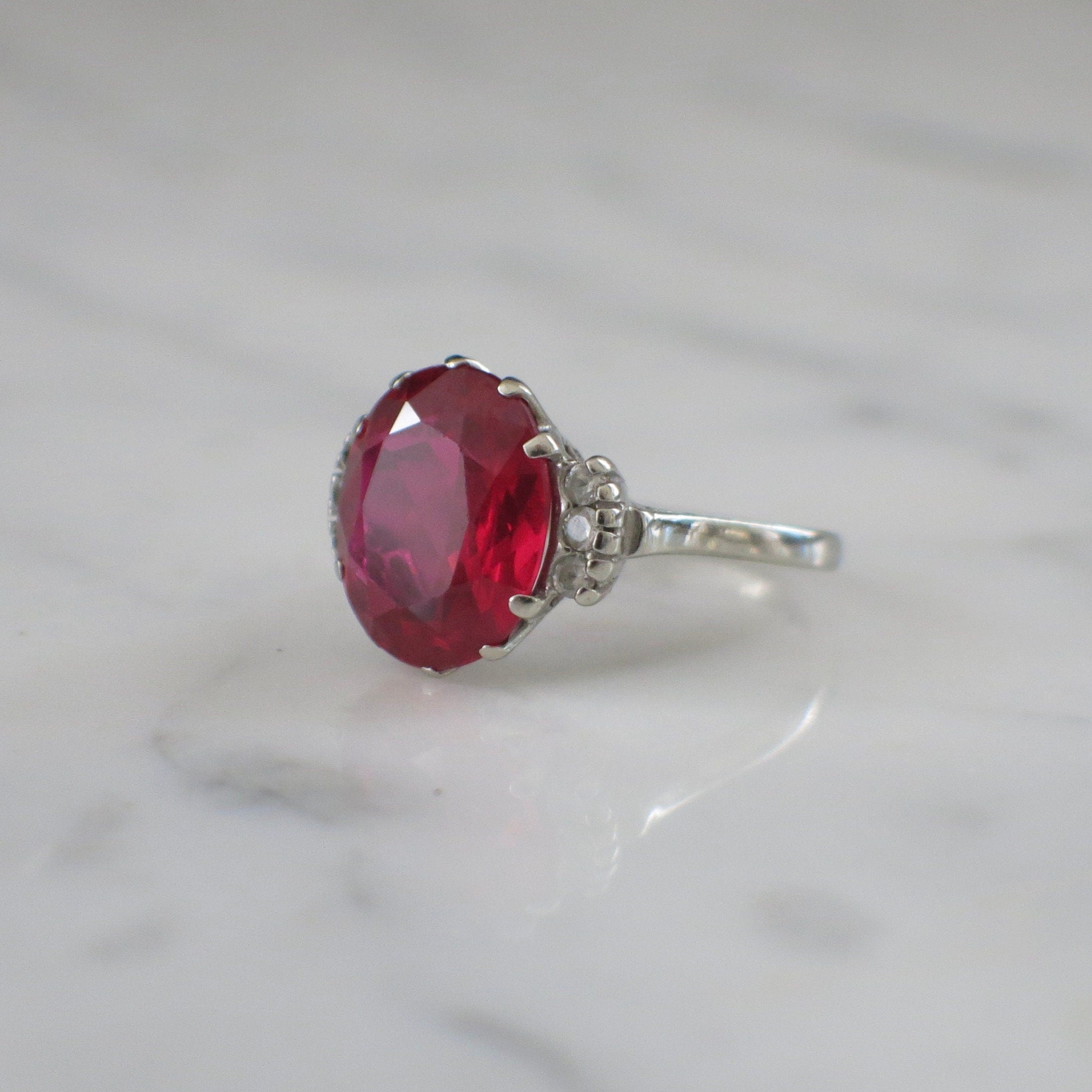 Vintage 10K White Gold Synthetic Ruby and Diamond Cocktail Ring – Oval Lab Ruby, Size 7.25 - Black Market LLC