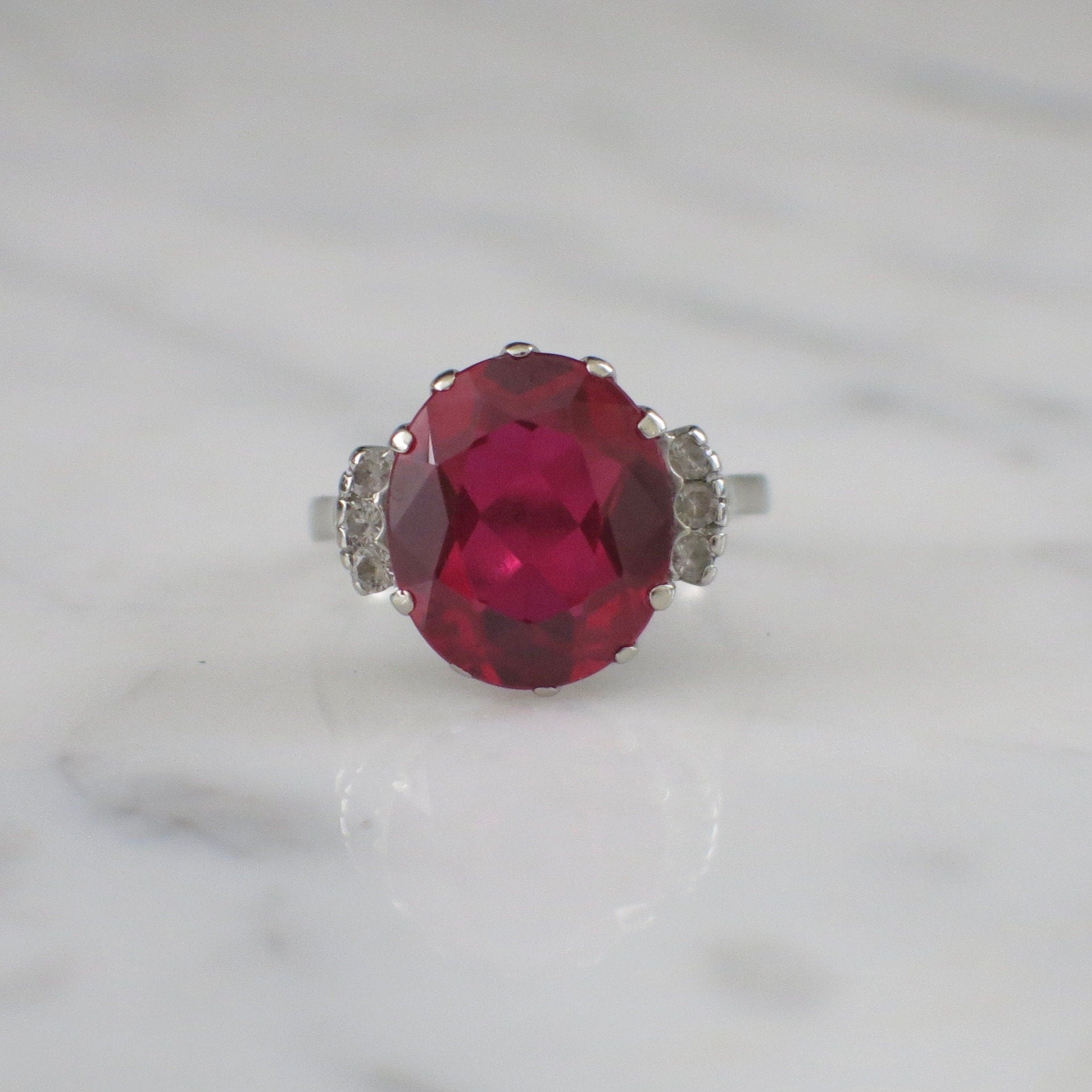 Vintage 10K White Gold Synthetic Ruby and Diamond Cocktail Ring – Oval Lab Ruby, Size 7.25 - Black Market LLC