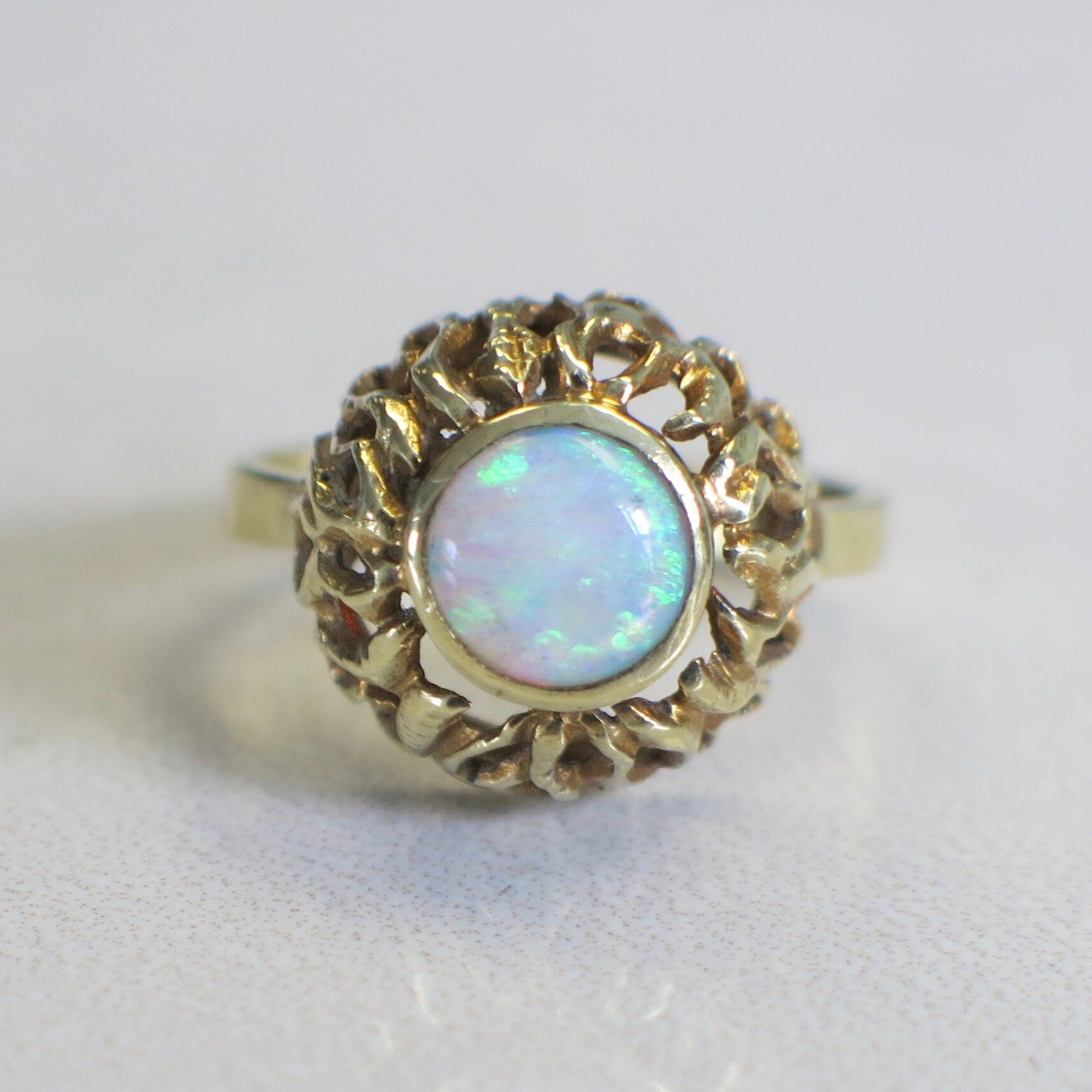 Vintage 14K Yellow Gold Opal Ring | Bezel Set Round Cabochon October Birthstone - Black Market LLC