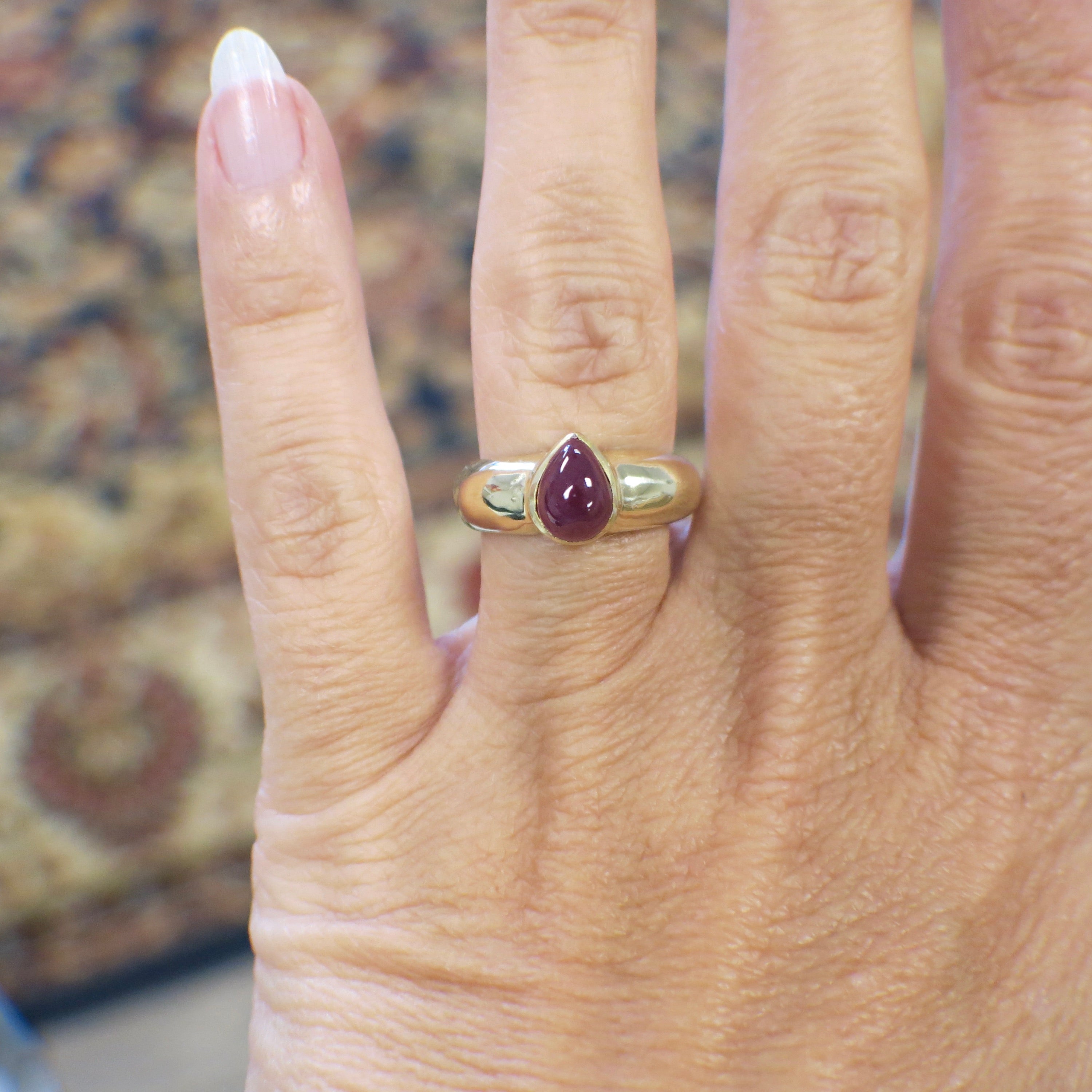 Vintage 14K Yellow Gold Pear Cabochon Ruby Bezel Ring – Bold Gemstone Jewelry