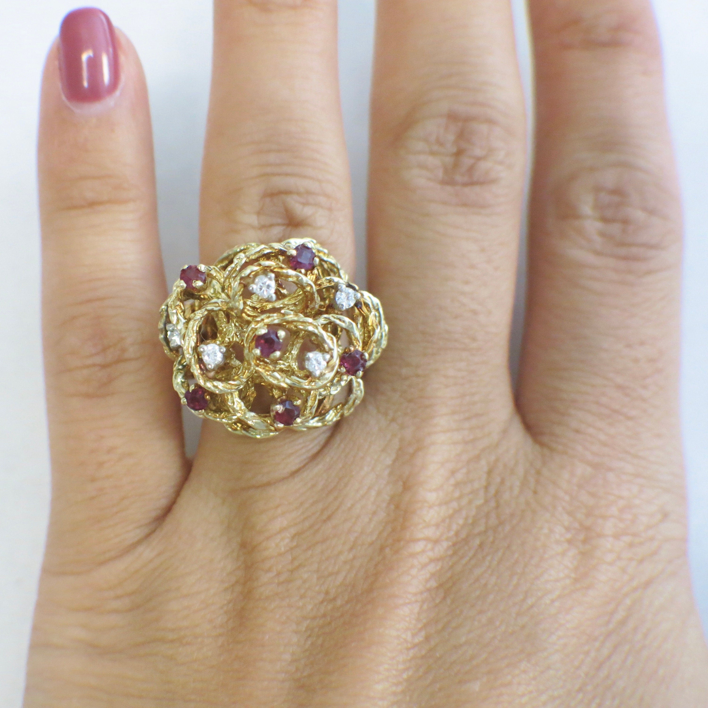 Vintage 14K Yellow Gold Ruby Diamond Flower Ring – Handmade Cluster Cocktail Ring, Size 8 - Black Market LLC
