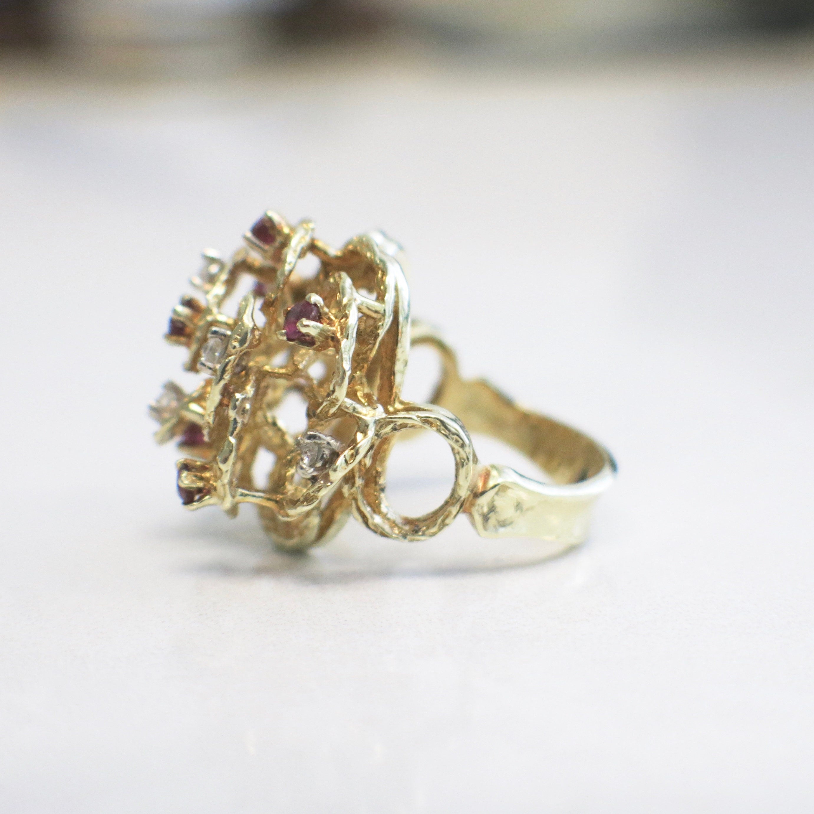 Vintage 14K Yellow Gold Ruby Diamond Flower Ring – Handmade Cluster Cocktail Ring, Size 8 - Black Market LLC