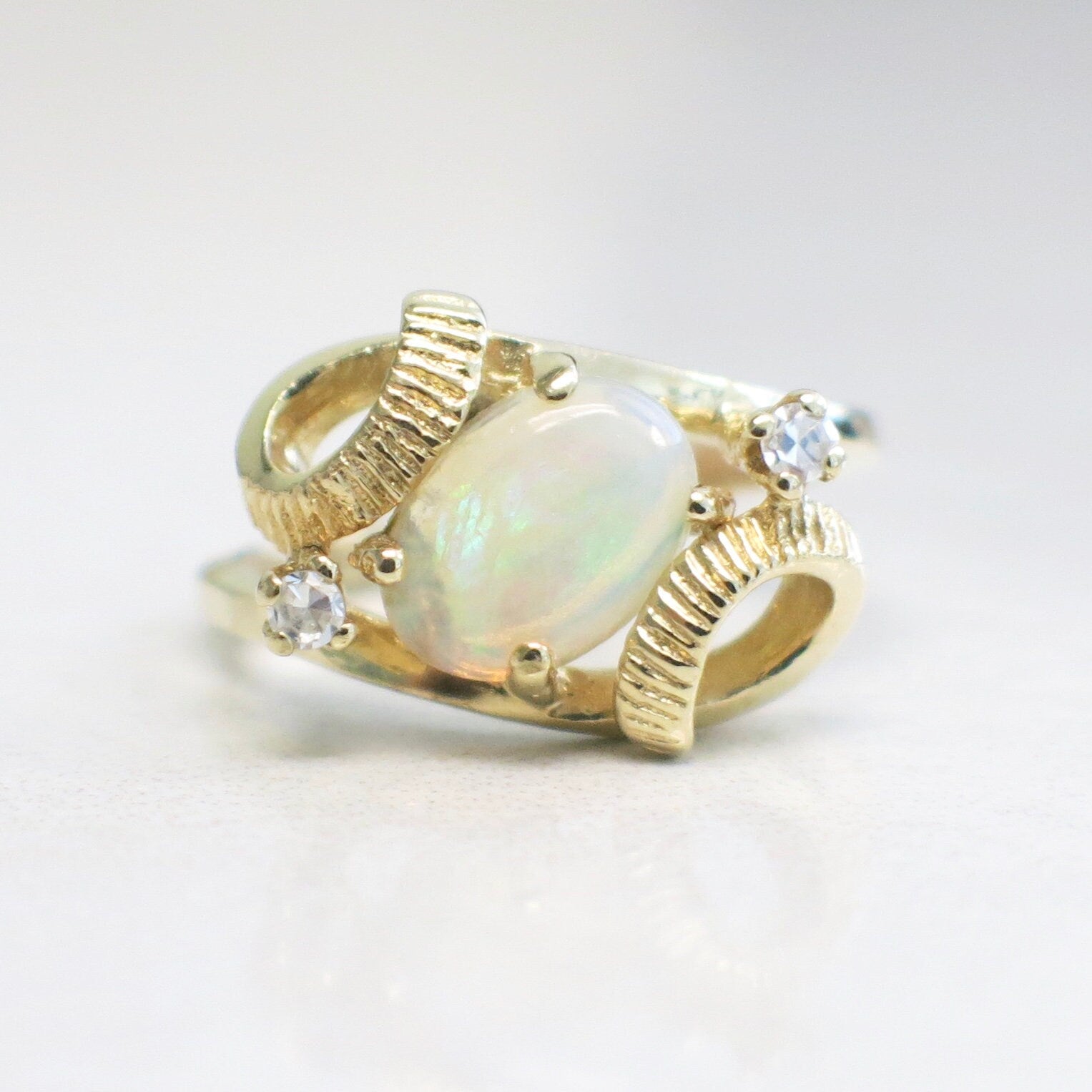 Vintage 14K Yellow Gold White Opal and Diamond Ring | Oval Opal with European Shank Size 4 - Black Market LLC