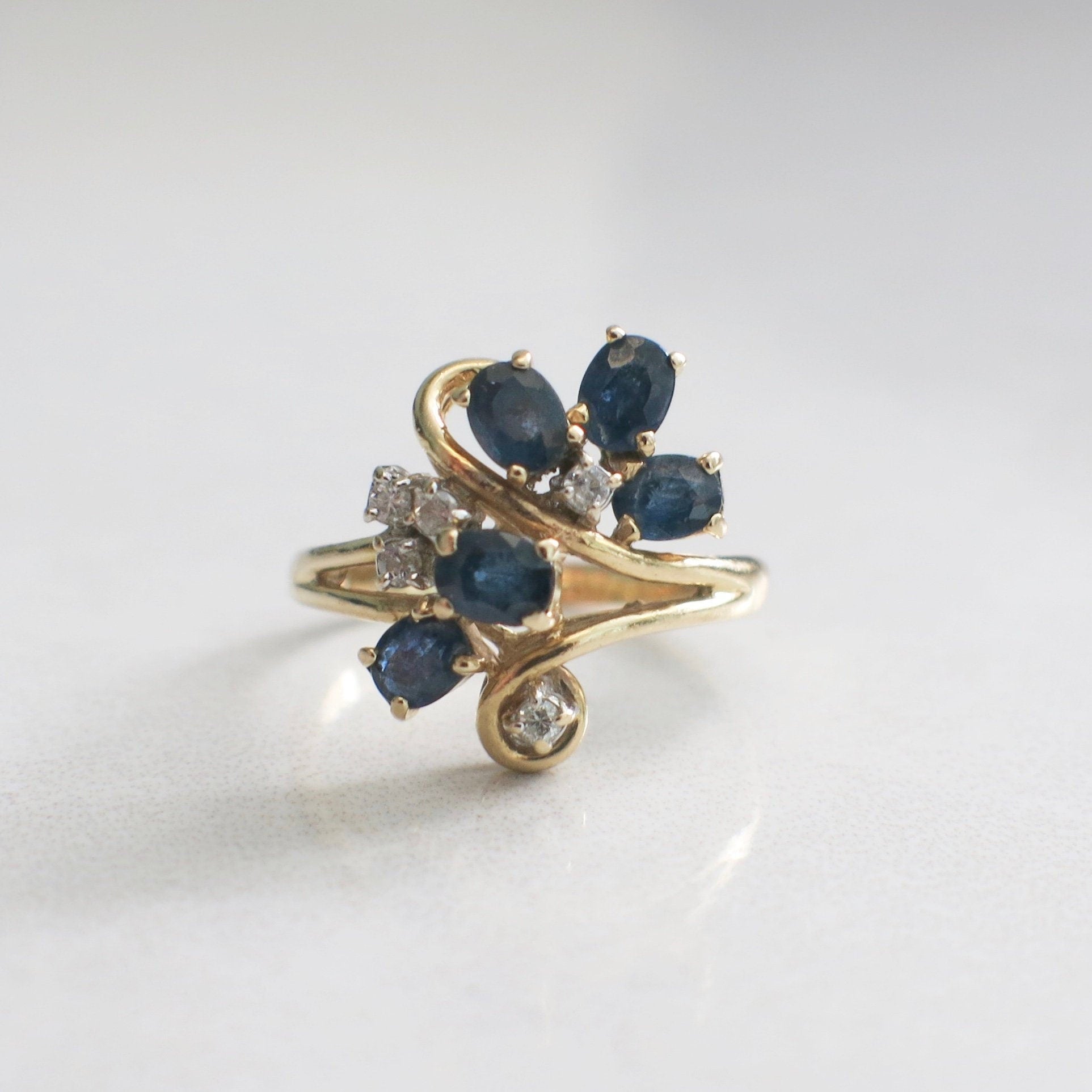 Vintage Sapphire and Diamond Scroll Ring – 14K Yellow Gold, Size 5 - Black Market LLC