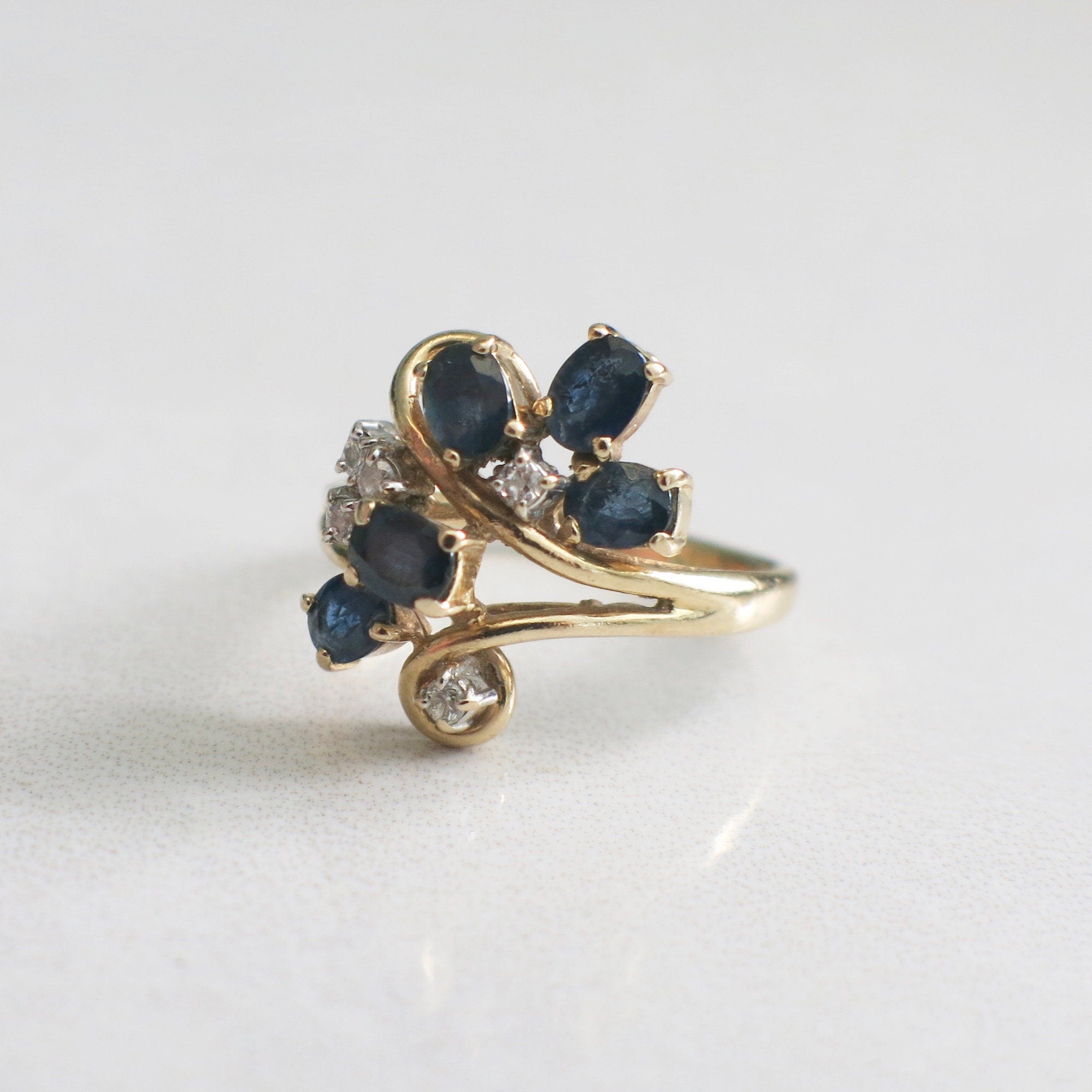 Vintage Sapphire and Diamond Scroll Ring – 14K Yellow Gold, Size 5 - Black Market LLC
