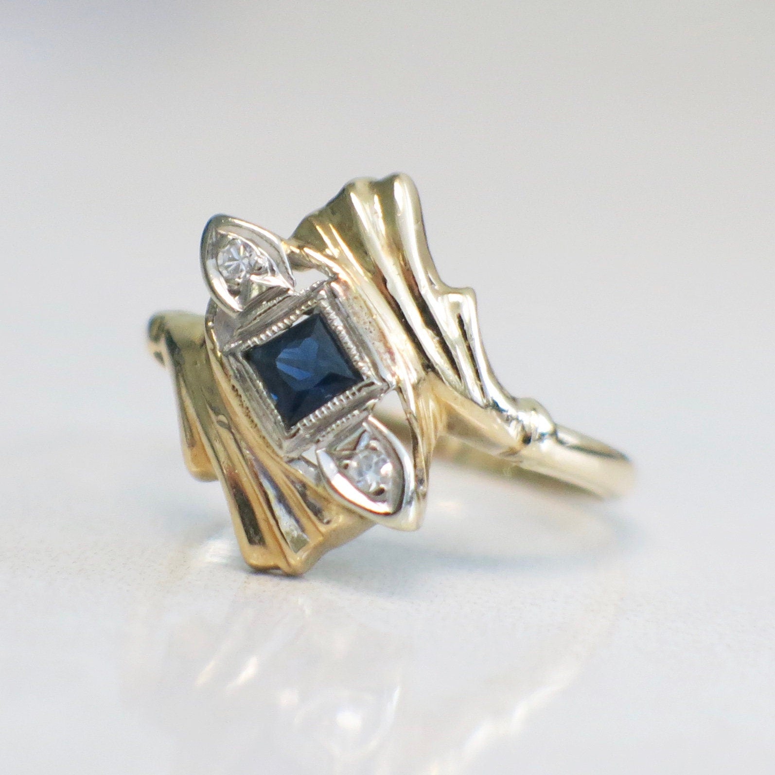 Vintage Sapphire & Diamond Ring | 14K Two-Tone Gold Princess Cut Milgrain Size 6 - Black Market LLC