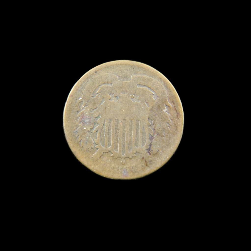 1864 Two Cent Piece by Black Market LLC showing the large motto "IN GOD WE TRUST" on a raw AG3 coin.