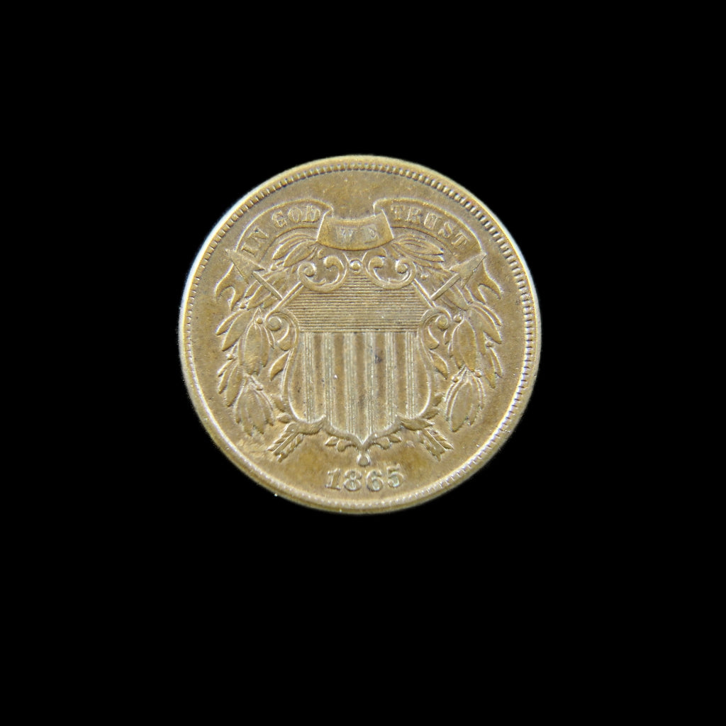 1865 Civil War era U.S. Two Cent coin, Fancy 5, AU grade, raw copper coin from Black Market LLC with intricate details.