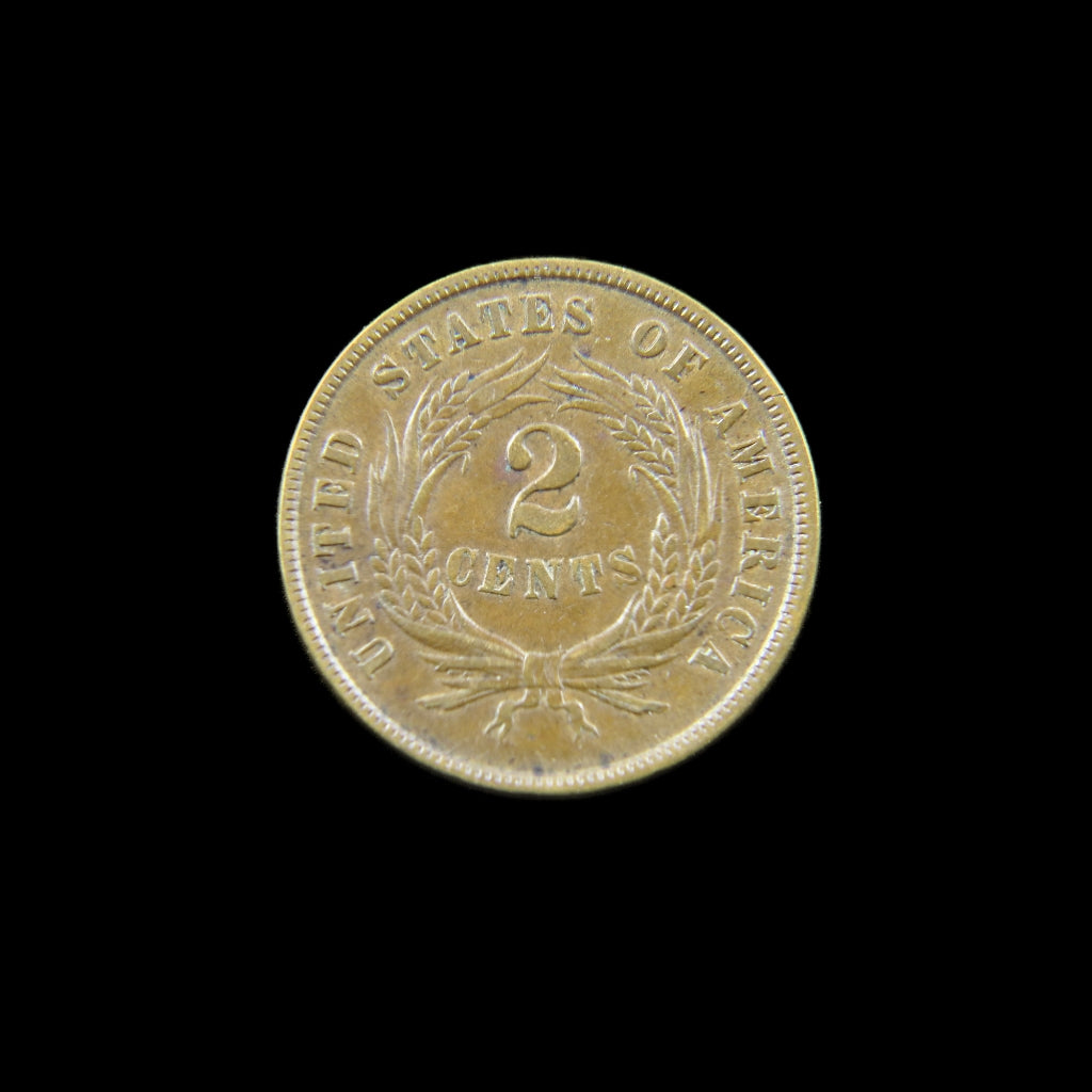 1865 Two Cent Piece, Civil War era U.S. copper coin, Fancy 5, AU condition, raw, from Black Market LLC.