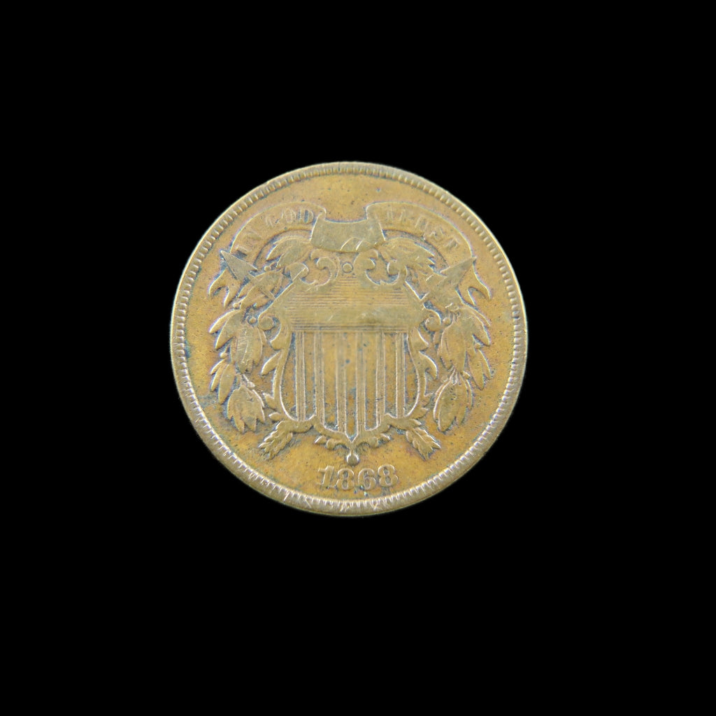 1868 Two Cent Piece by Black Market LLC, raw historic U.S. copper coin, late-issue type with detailed design and aged appearance.