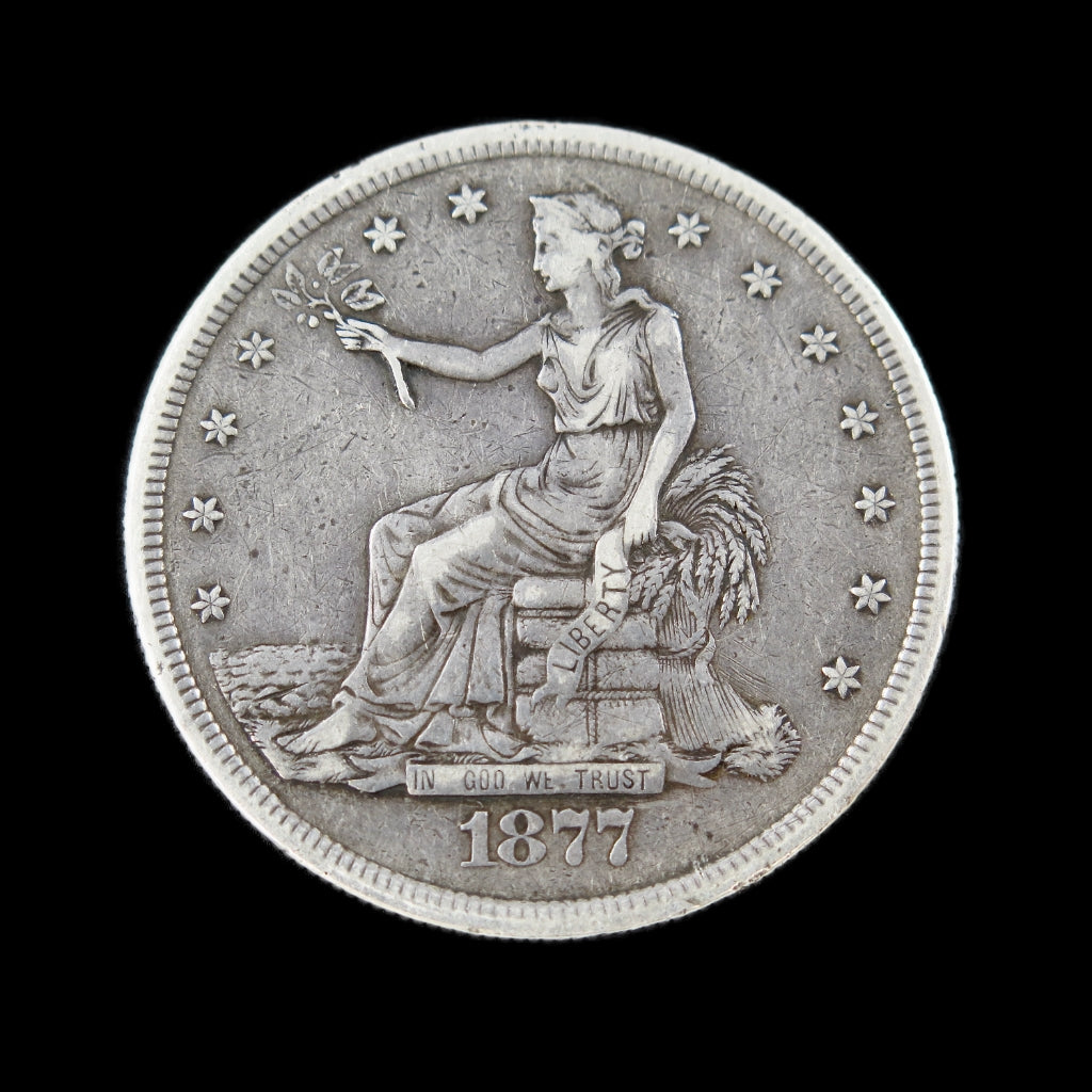 1877-S Trade Dollar US Silver Coin, raw EF condition, early U.S. dollar coin with detailed design and aged silver appearance